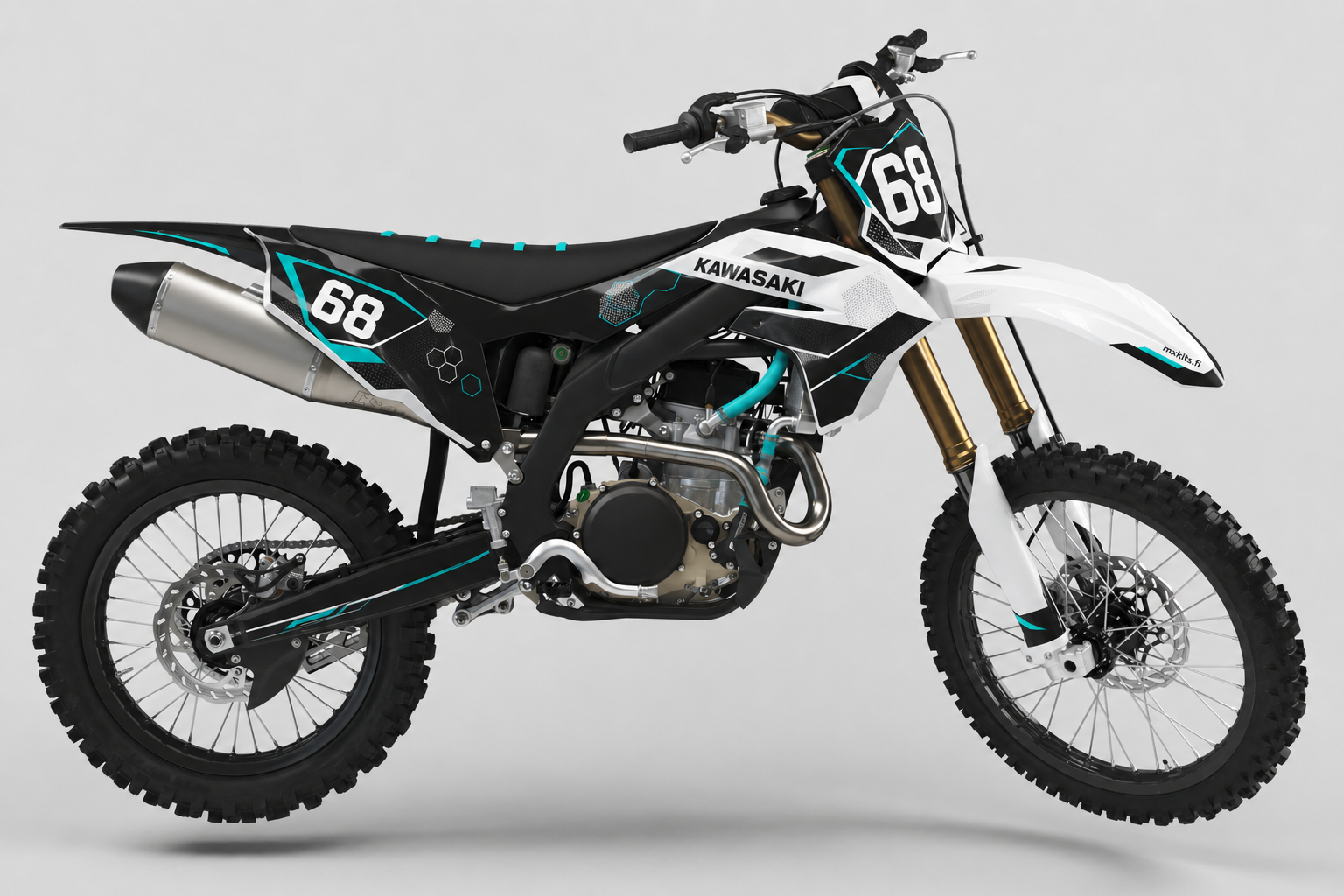 Kawasaki Valkomikro motocross-tarrasarja, puhdas valkoinen, syvä musta, Kawasaki-lime ja kevyt harmaa, numero 68