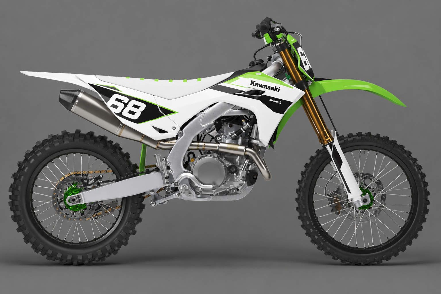 Kawasaki Valkosalama personoitava motocross-tarrasarja, valkoinen, vihreä ja musta sponsoriton grafiikka sekä esimerkkiluku 68