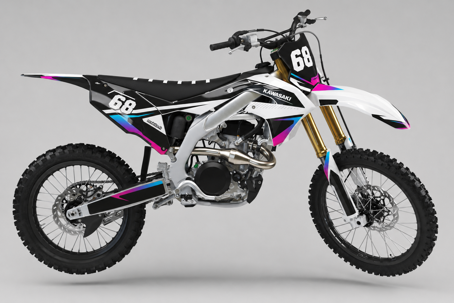Kawasaki Valkosegmentti valkoinen musta magenta ja sininen motocross-tarrasarja numerolla 68