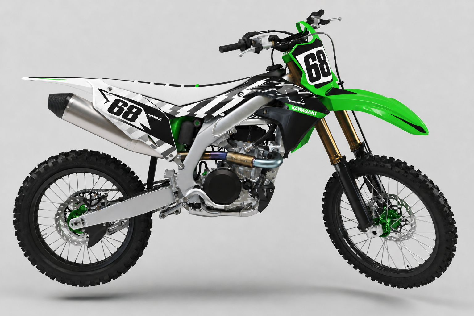 Kawasaki Valkoukkonen valkoinen musta ja lime motocross-tarrasarja numerolla 68