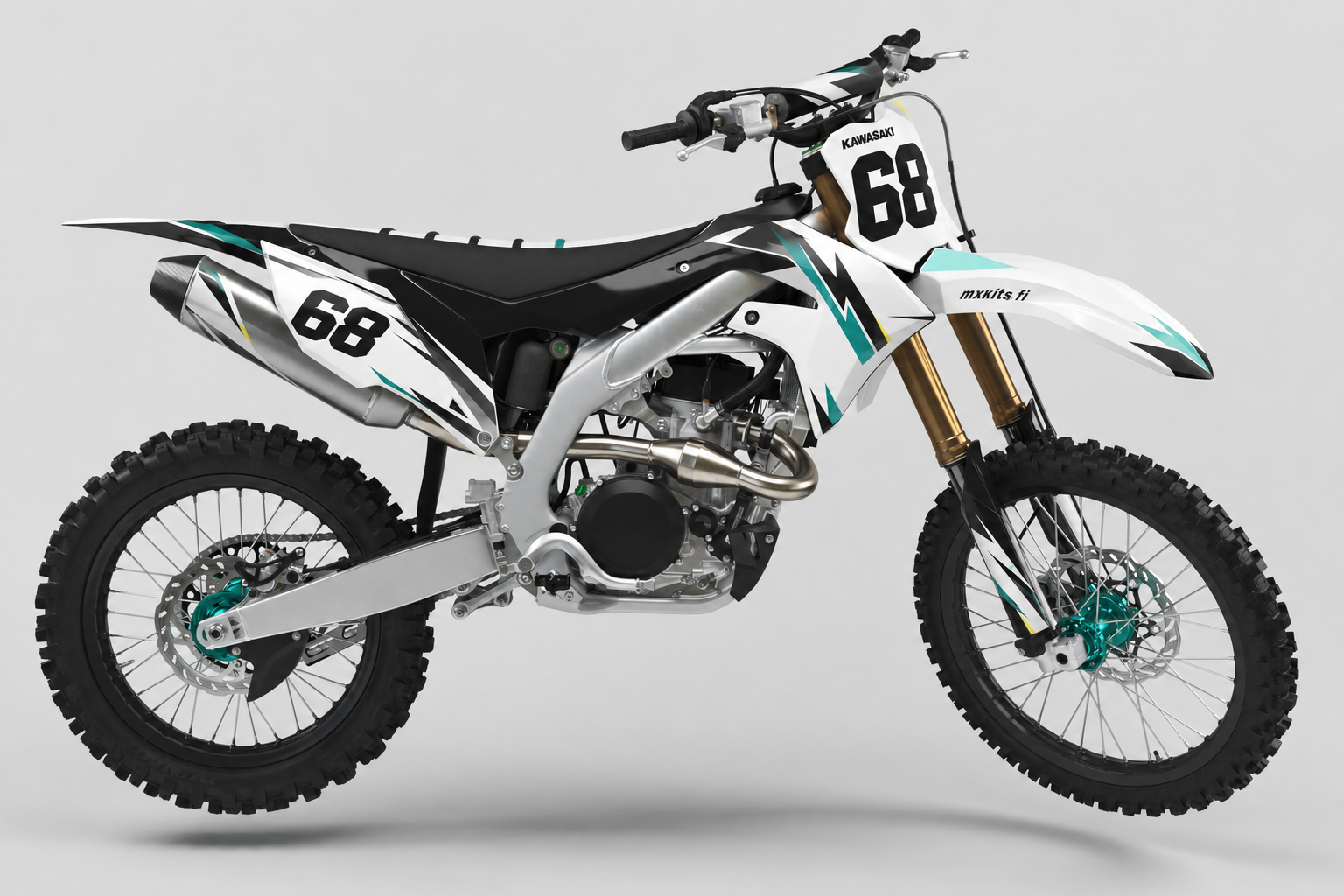 Kawasaki Valkovaraus motocross-tarrasarja, puhdas valkoinen, syvä musta, Kawasaki-lime ja kevyt harmaa, numero 68