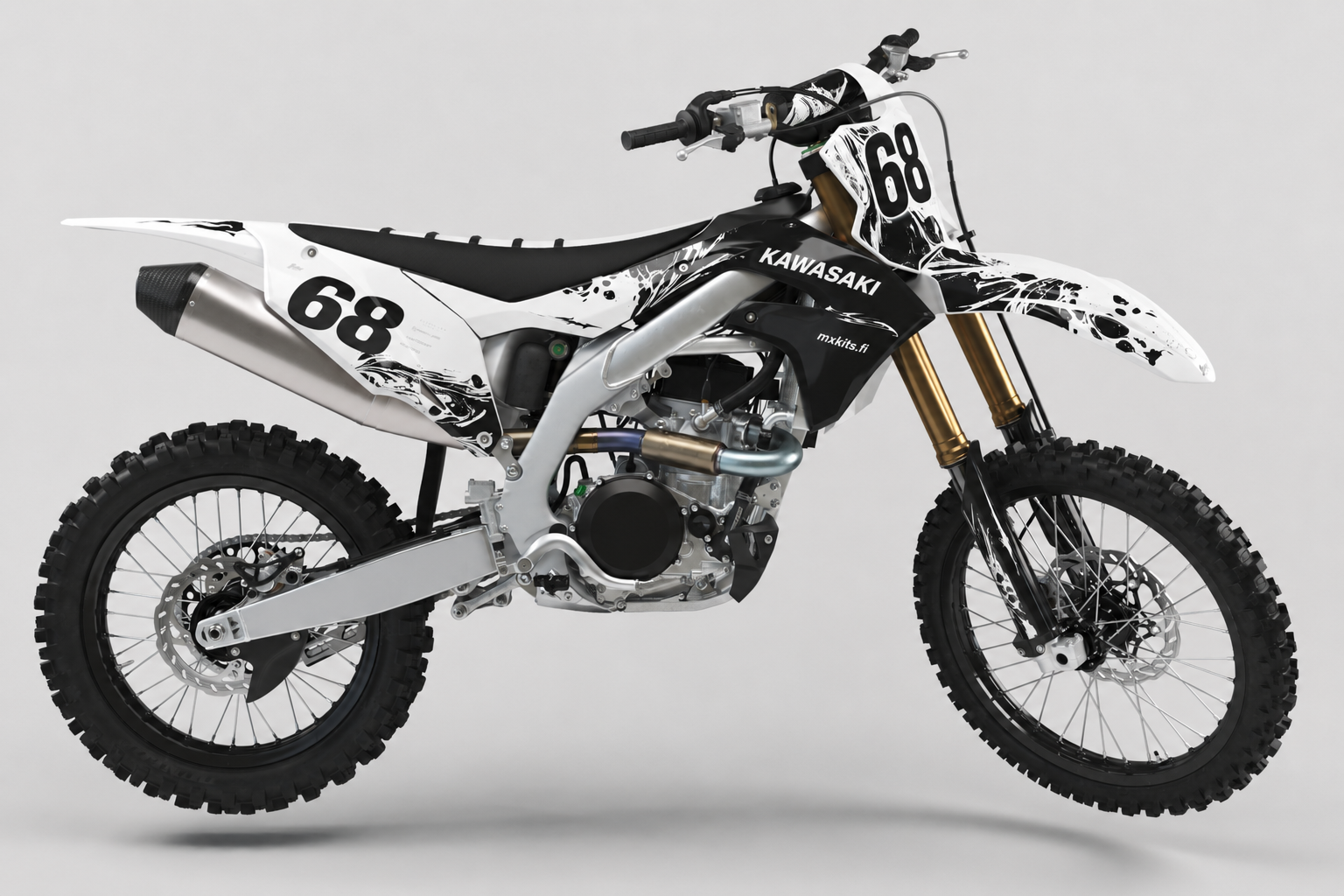 Kawasaki Valkovirta motocross-tarrasarja valkoisen, mustan ja harmaan grafiikan sekä numeron 68 kanssa
