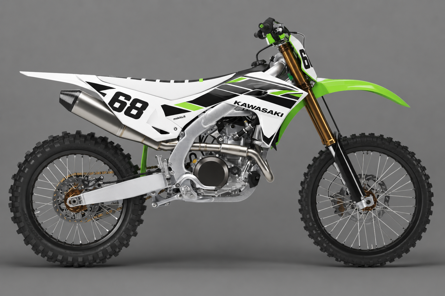 Kawasaki Valotyö personoitava motocross-tarrasarja, valkoinen musta ja vihreä sponsoriton grafiikka sekä esimerkkiluku 68