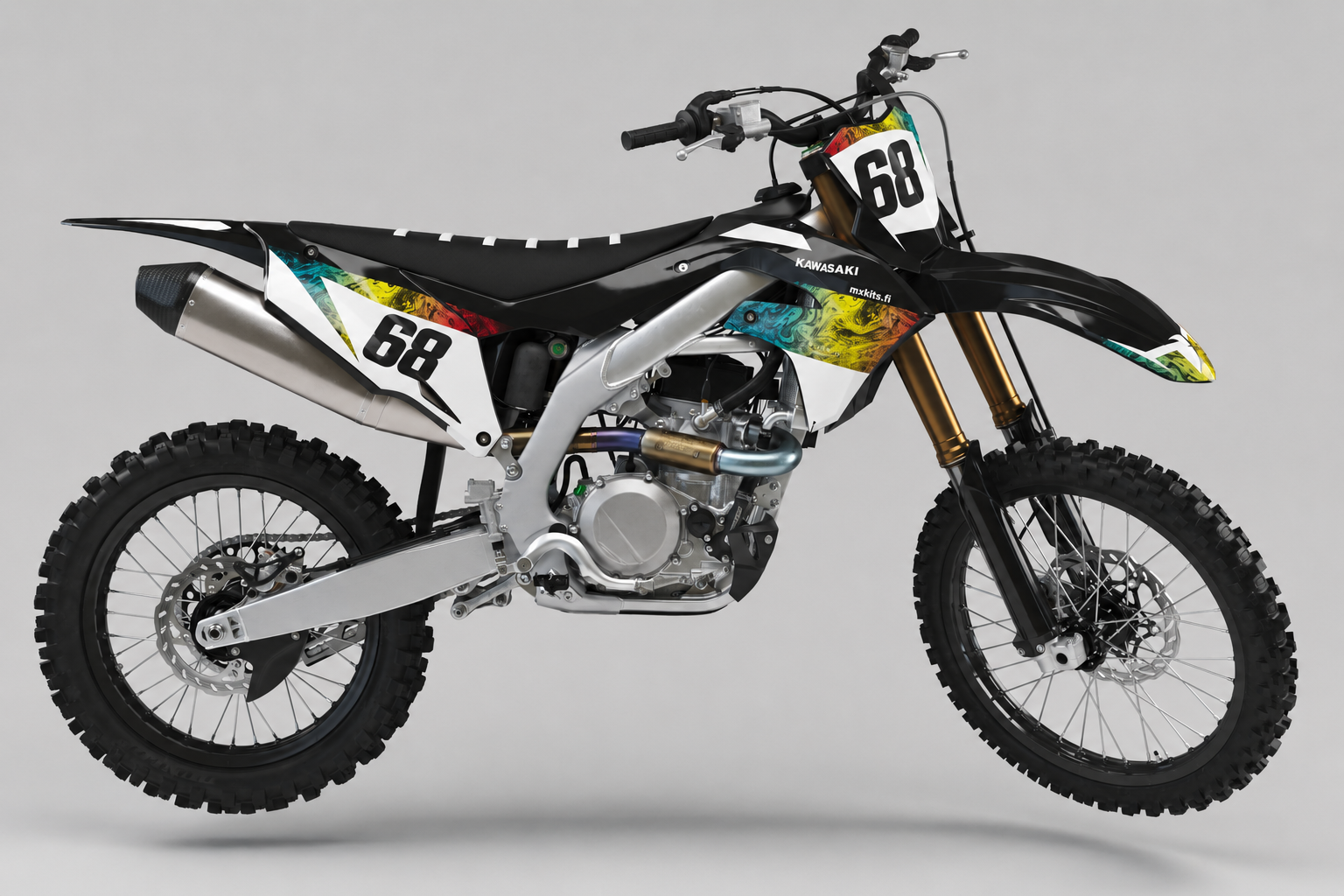 Kawasaki Värisulatus musta valkoinen ja monivärinen motocross-tarrasarja numerolla 68