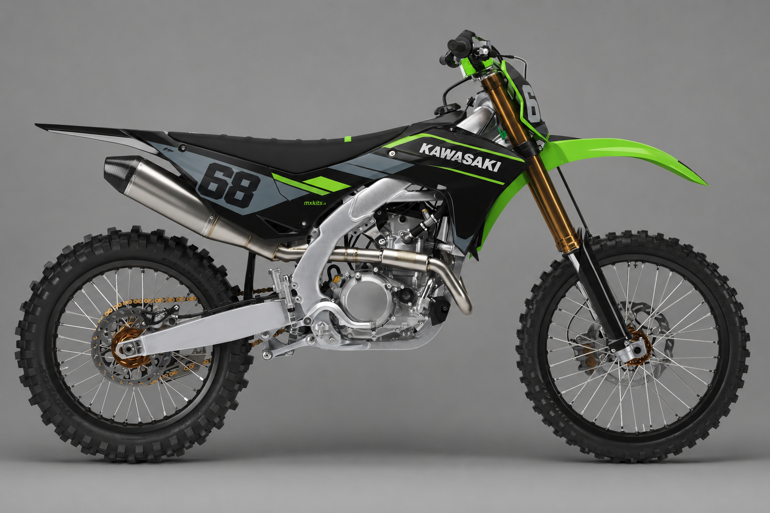 Kawasaki Varjotyö personoitava motocross-tarrasarja, musta grafiitti ja vihreä sponsoriton grafiikka sekä esimerkkiluku 68