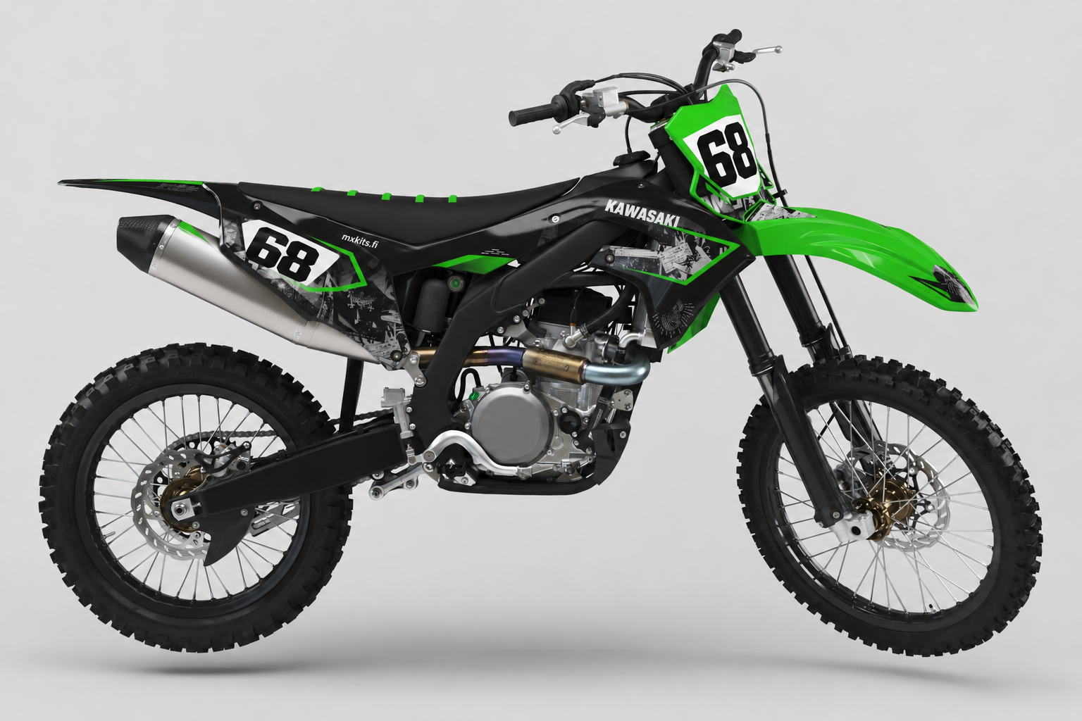 Kawasaki Viherhirviö musta vihreä ja harmaavalkoinen motocross-tarrasarja numerolla 68