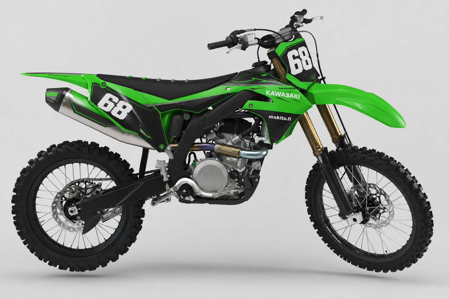 Kawasaki Viherhuntu limevihreä musta ja valkoinen motocross-tarrasarja numerolla 68