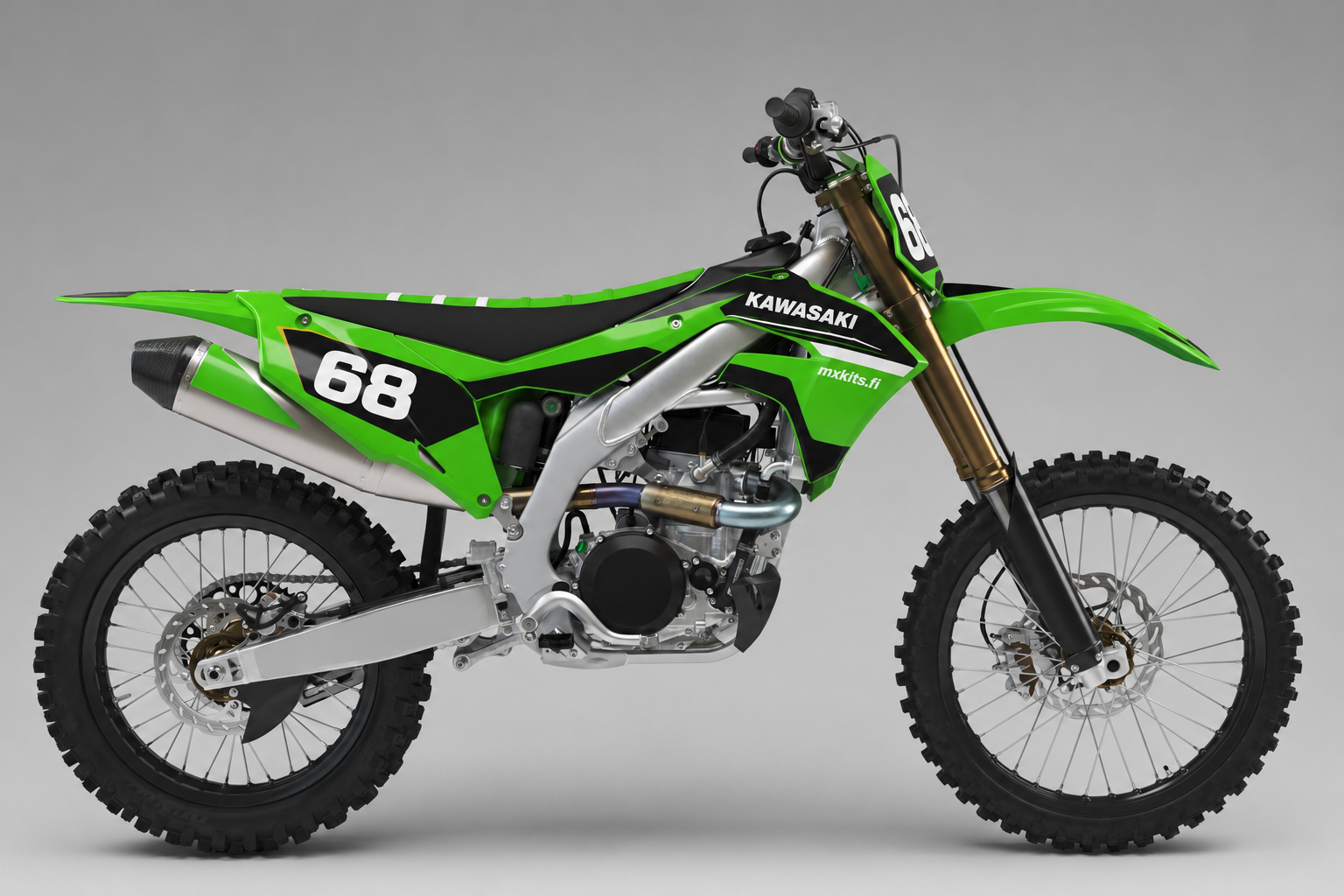 Kawasaki Viherkäärme limevihreä musta ja valkoinen motocross-tarrasarja numerolla 68