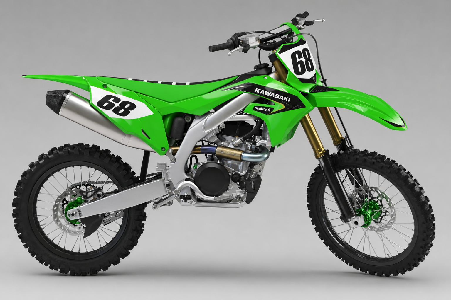 Kawasaki Viherkaksikko Kawasaki-lime, musta, valkoinen, viileä harmaa motocross-tarrasarja numerolla 68