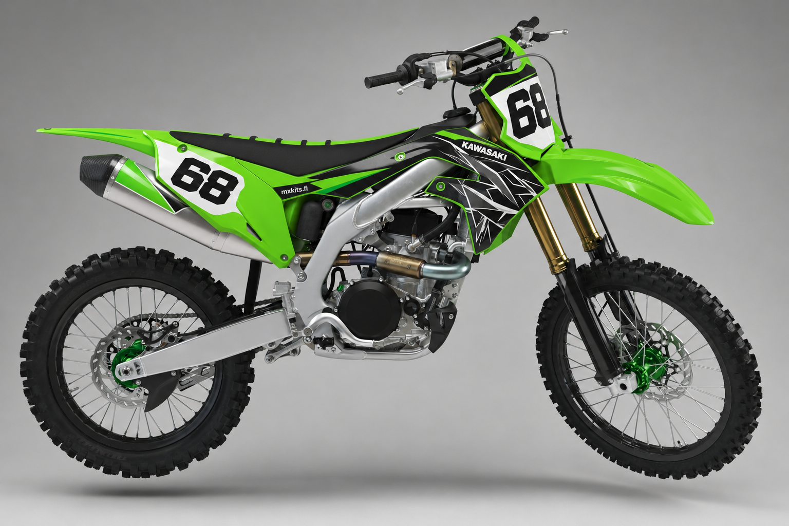 Kawasaki Viherkulma limevihreä musta ja hopea motocross-tarrasarja numerolla 68