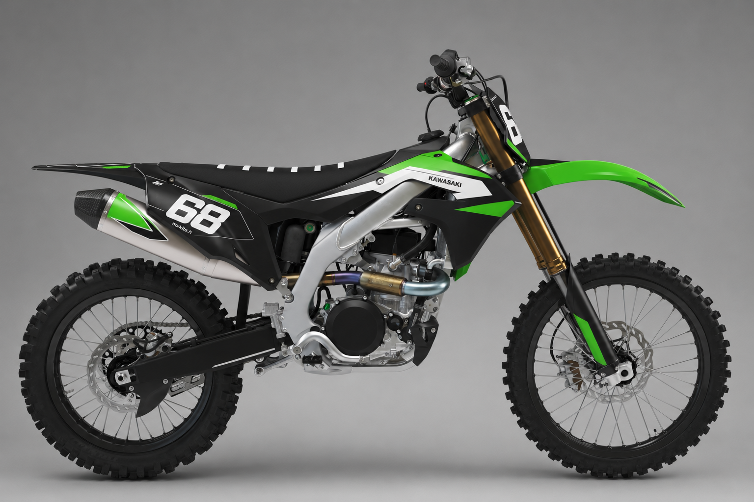 Kawasaki Vihermatriisi musta vihreä tekninen motocross-tarrasarja numerolla 68 ja mxkits.fi