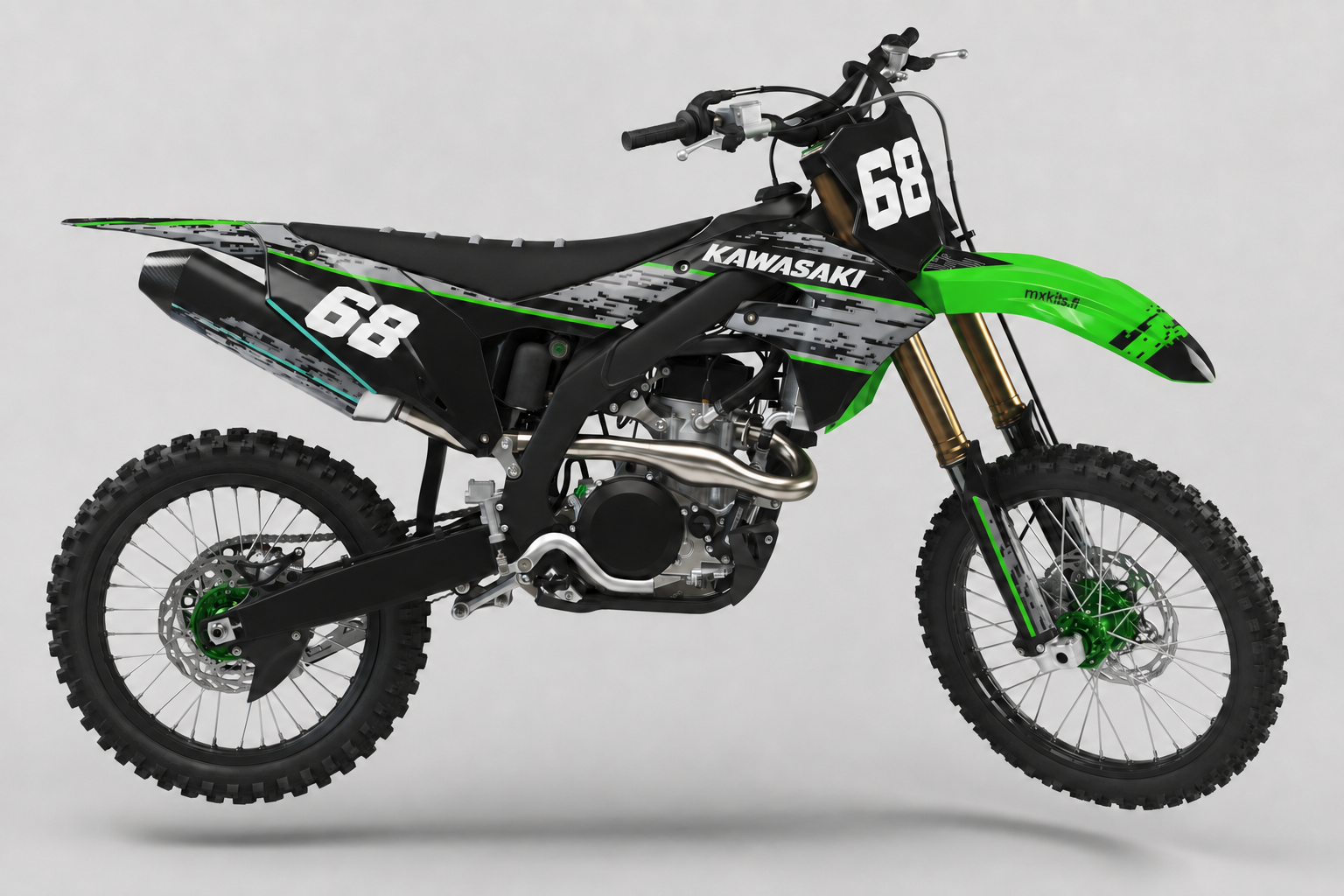 Kawasaki Vihermikro motocross-tarrasarja, Kawasaki-lime, syvä musta, puhdas valkoinen ja kevyt harmaa, numero 68