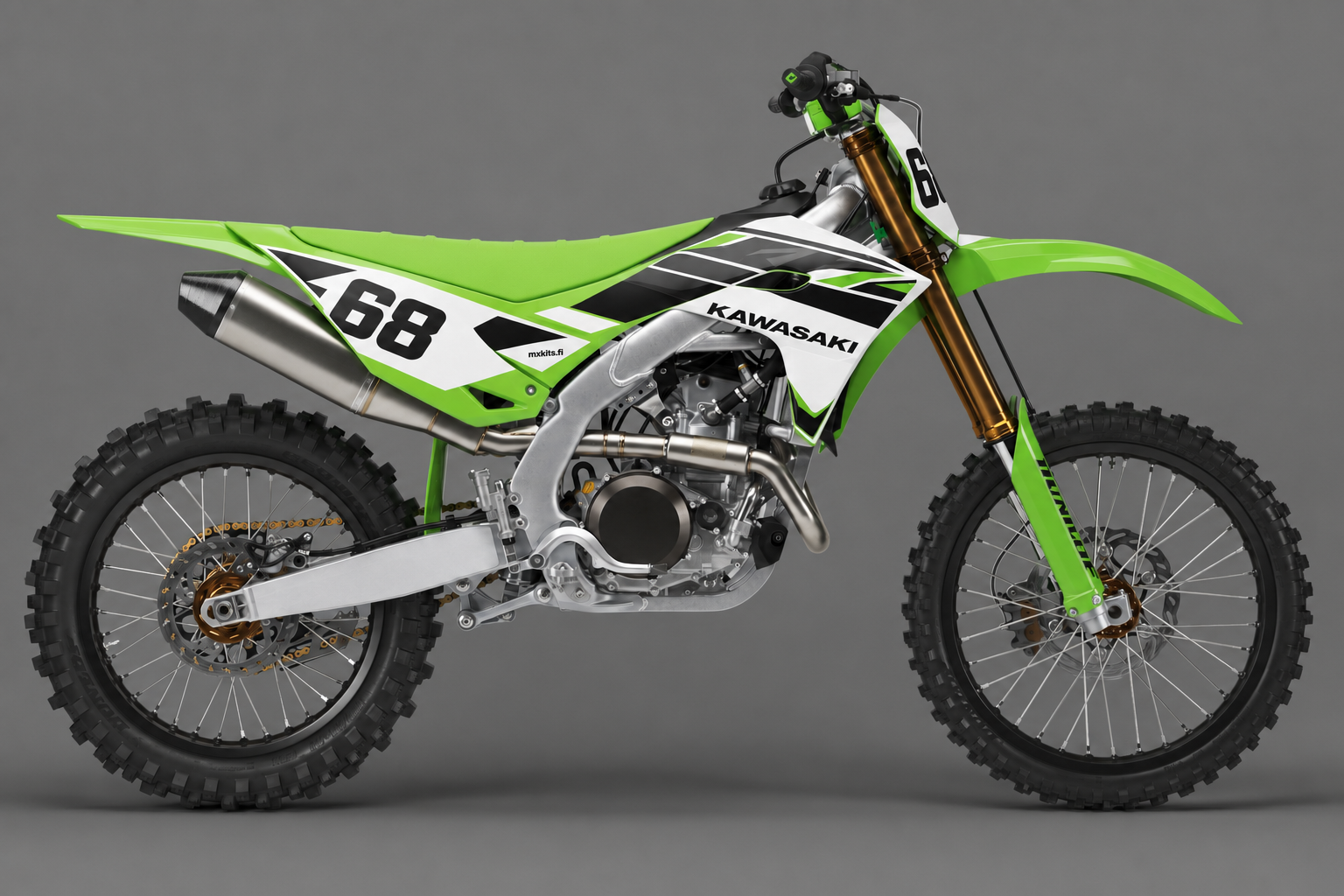 Kawasaki Viherpaja personoitava sponsoriton motocross-tarrasarja numerolla 68, sivussa mxkits.fi