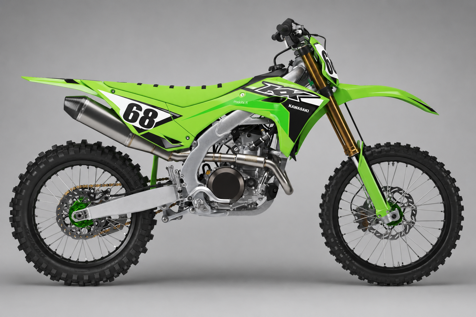 Kawasaki Viherterä kirkkaanvihreä sponsoriton motocross-tarrasarja numerolla 68 ja mxkits.fi-tekstillä