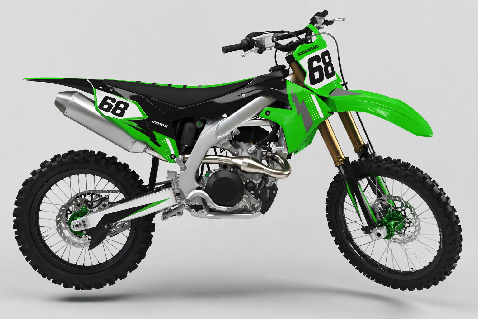 Kawasaki Vihervaraus motocross-tarrasarja limenvihreän, mustan ja valkoisen grafiikan sekä numeron 68 kanssa