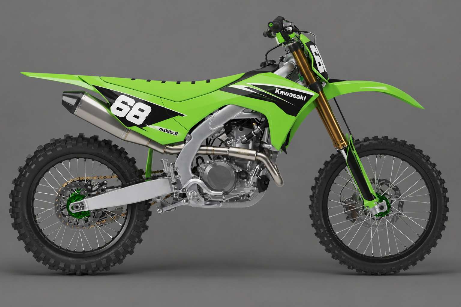 Kawasaki Viherviilto personoitava motocross-tarrasarja, vihreä, musta ja valkoinen sponsoriton grafiikka sekä esimerkkiluku 68