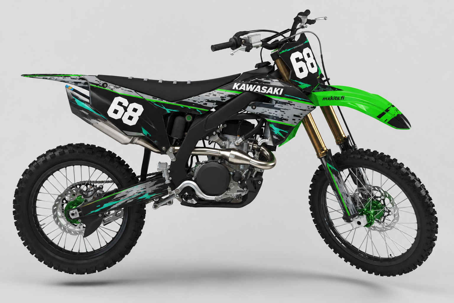 Kawasaki Viherviiste motocross-tarrasarja, Kawasaki-lime, syvä musta, puhdas valkoinen ja kevyt harmaa, numero 68