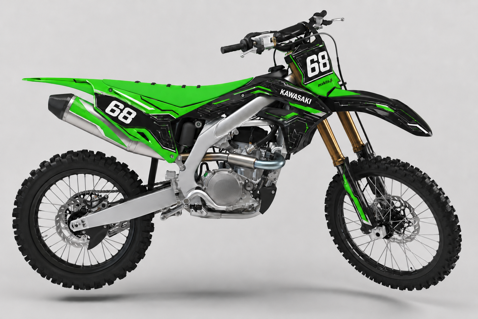 Kawasaki Vihreädroidi motocross-tarrasarja, Kawasaki-lime, syvä musta, puhdas valkoinen ja kevyt harmaa, numero 68