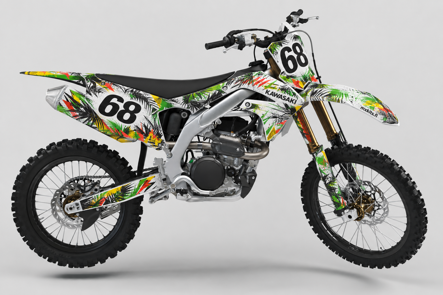 Kawasaki Viidakkosyke motocross-tarrasarja valkoisen, vihreän, keltaisen ja punaisen viidakkografiikan sekä numeron 68 kanssa