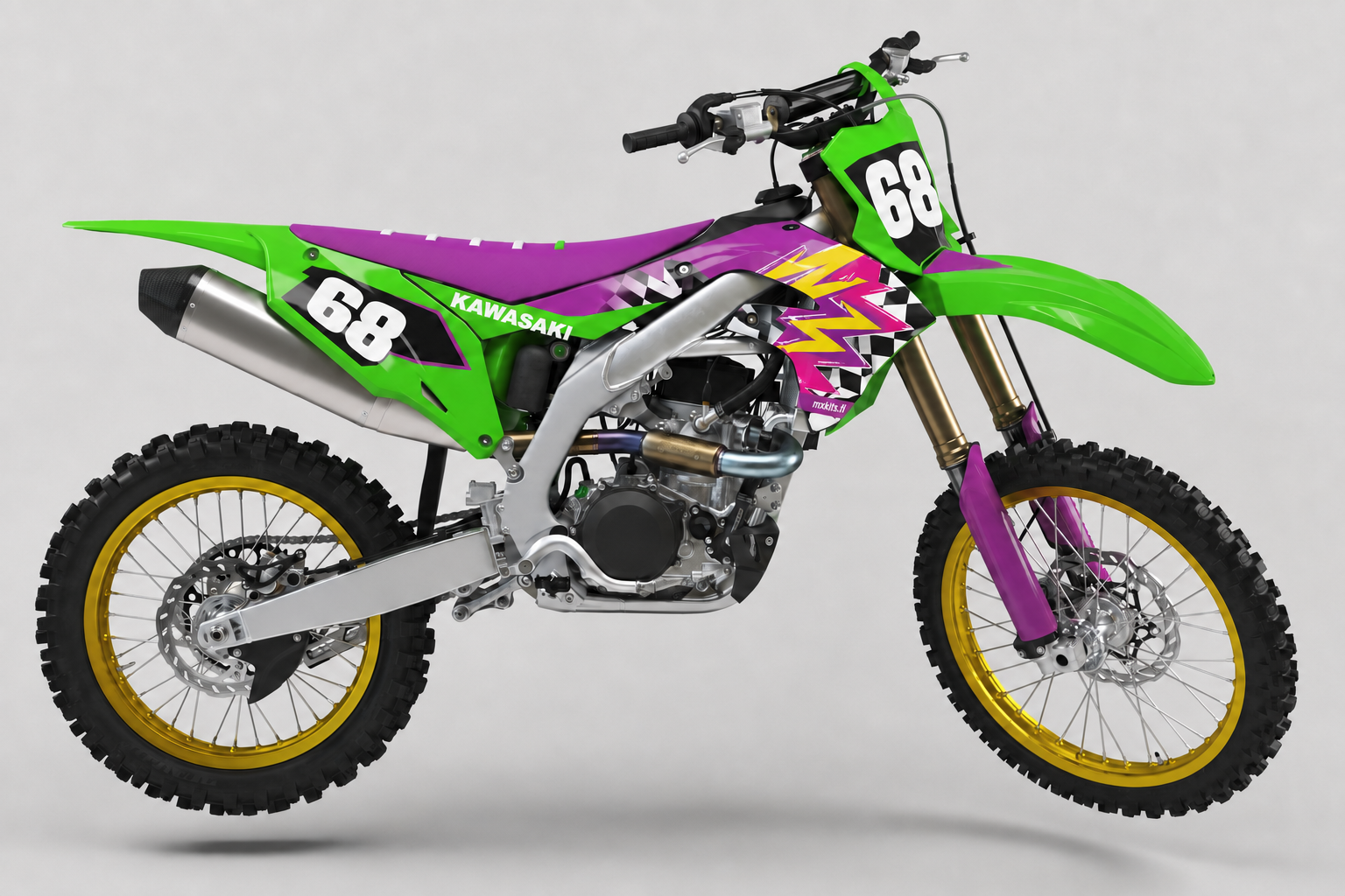 Kawasaki Ysärikulta limevihreä magenta ja keltainen retro motocross-tarrasarja numerolla 68