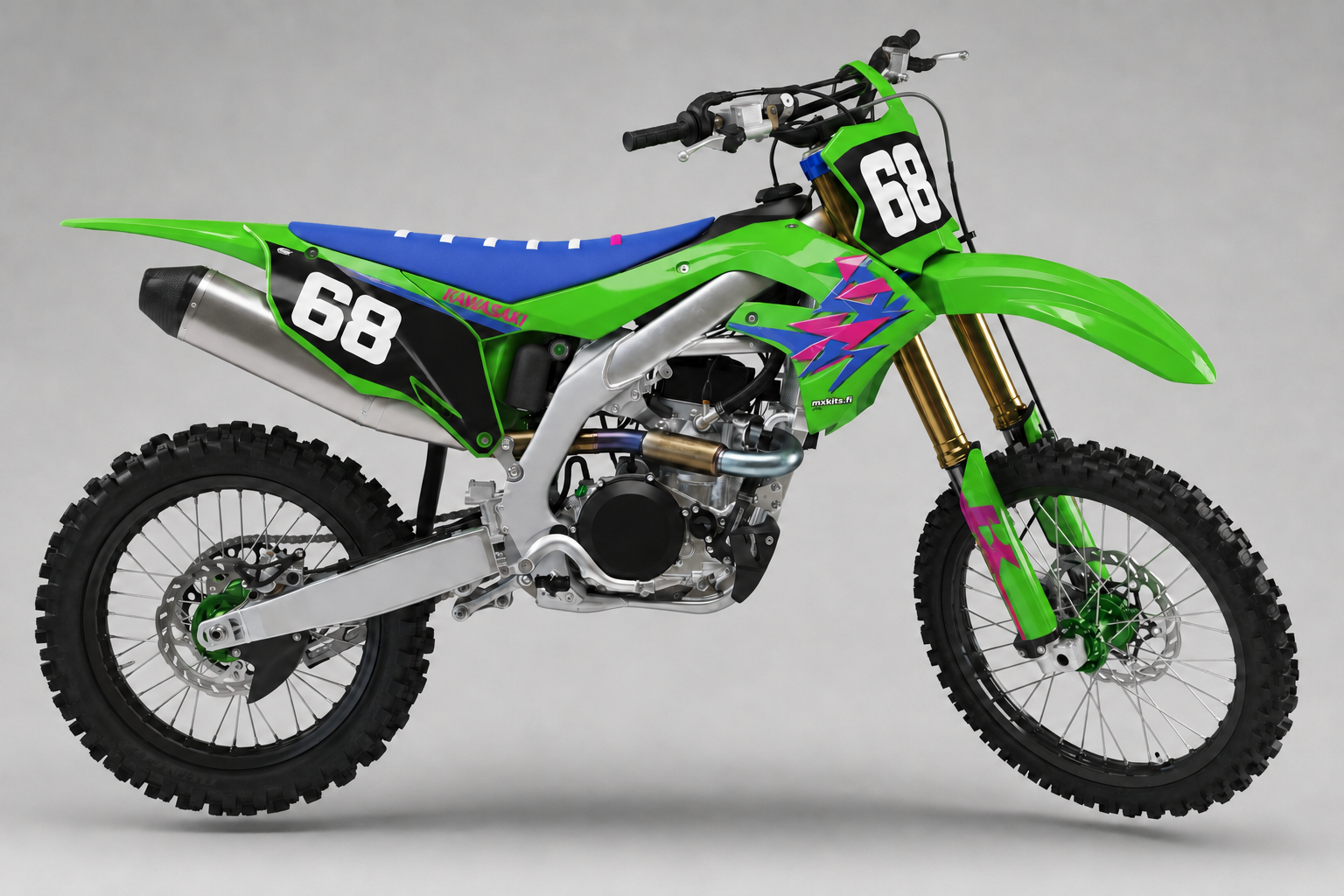 Kawasaki Ysärisalama limevihreä sininen ja magenta retro motocross-tarrasarja numerolla 68