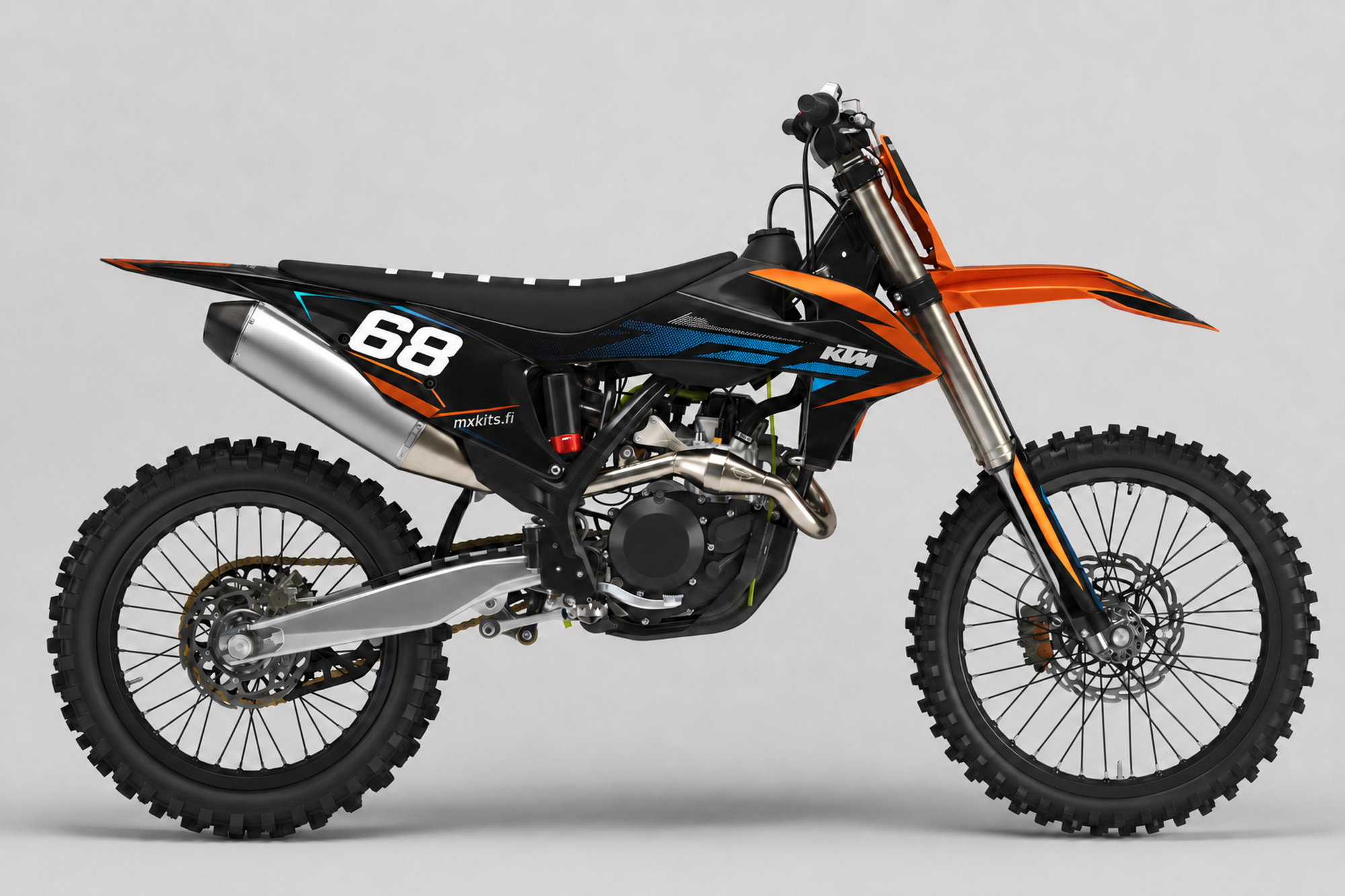 Musta KTM Sinisärö -motocrosspyörä, rosoiset siniset kiilat, oranssi etupää, valkoinen numero 68 ja mxkits.fi.