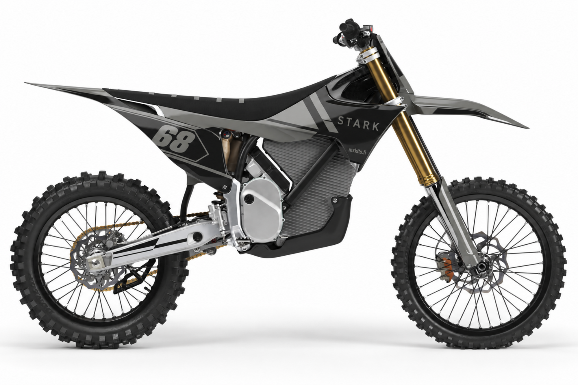 Grafiitinharmaa ja musta Stark-sähkömotocrosspyörä hopeanharmailla aksenteilla, numero 68, STARK ja mxkits.fi.
