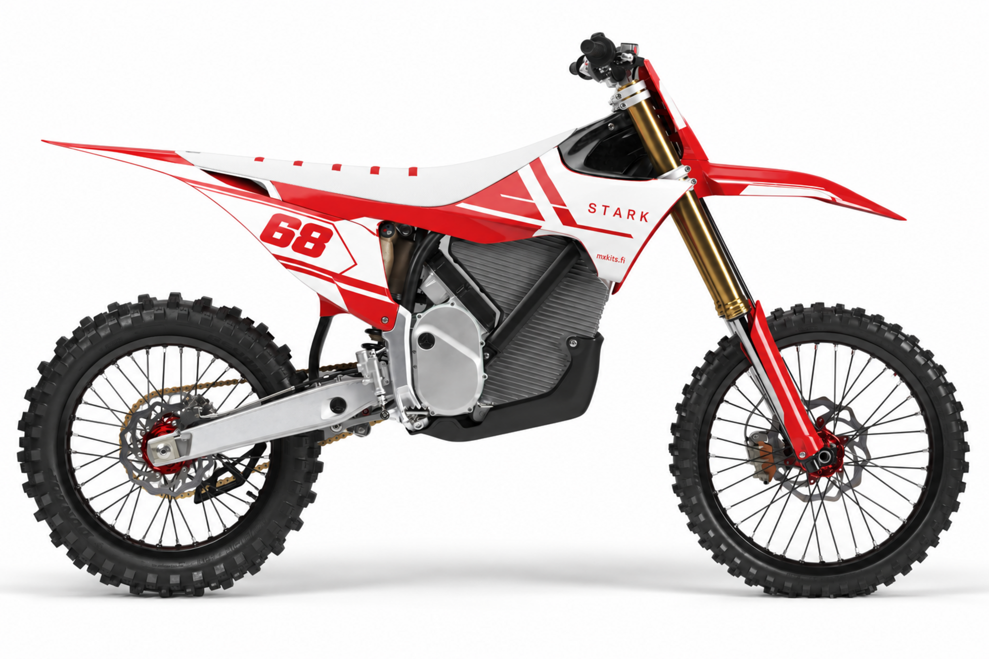 Punainen ja valkoinen Stark-sähkömotocrosspyörä terävillä kulmagrafiikoilla, numero 68, STARK ja mxkits.fi.