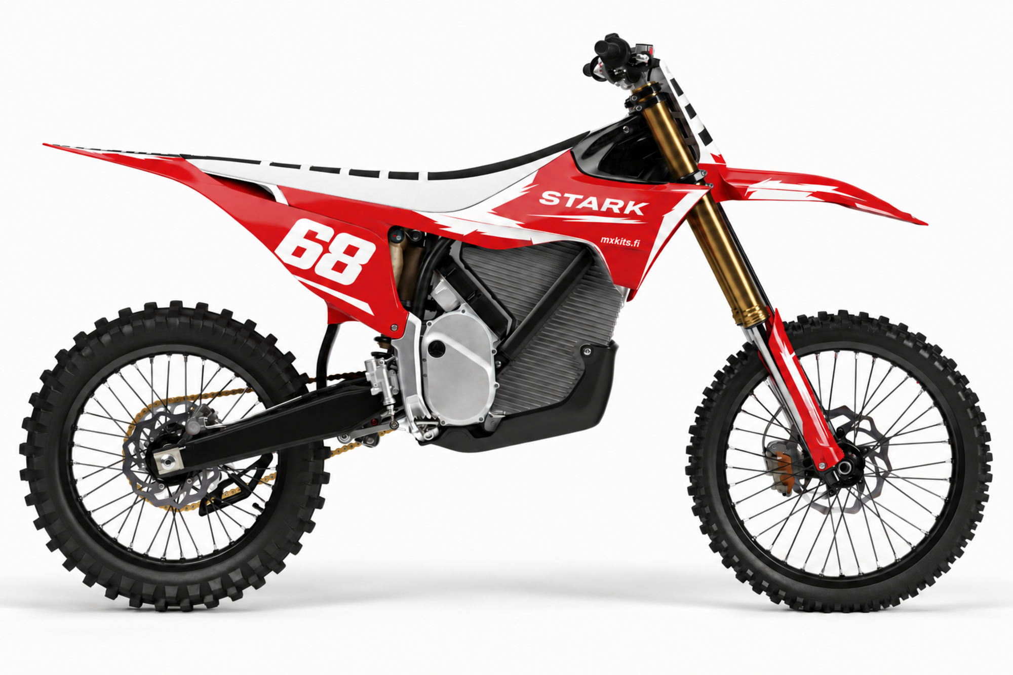 Punainen ja valkoinen Stark-sähkömotocrosspyörä leveillä pyyhkäisygrafiikoilla, numero 68, STARK ja mxkits.fi.