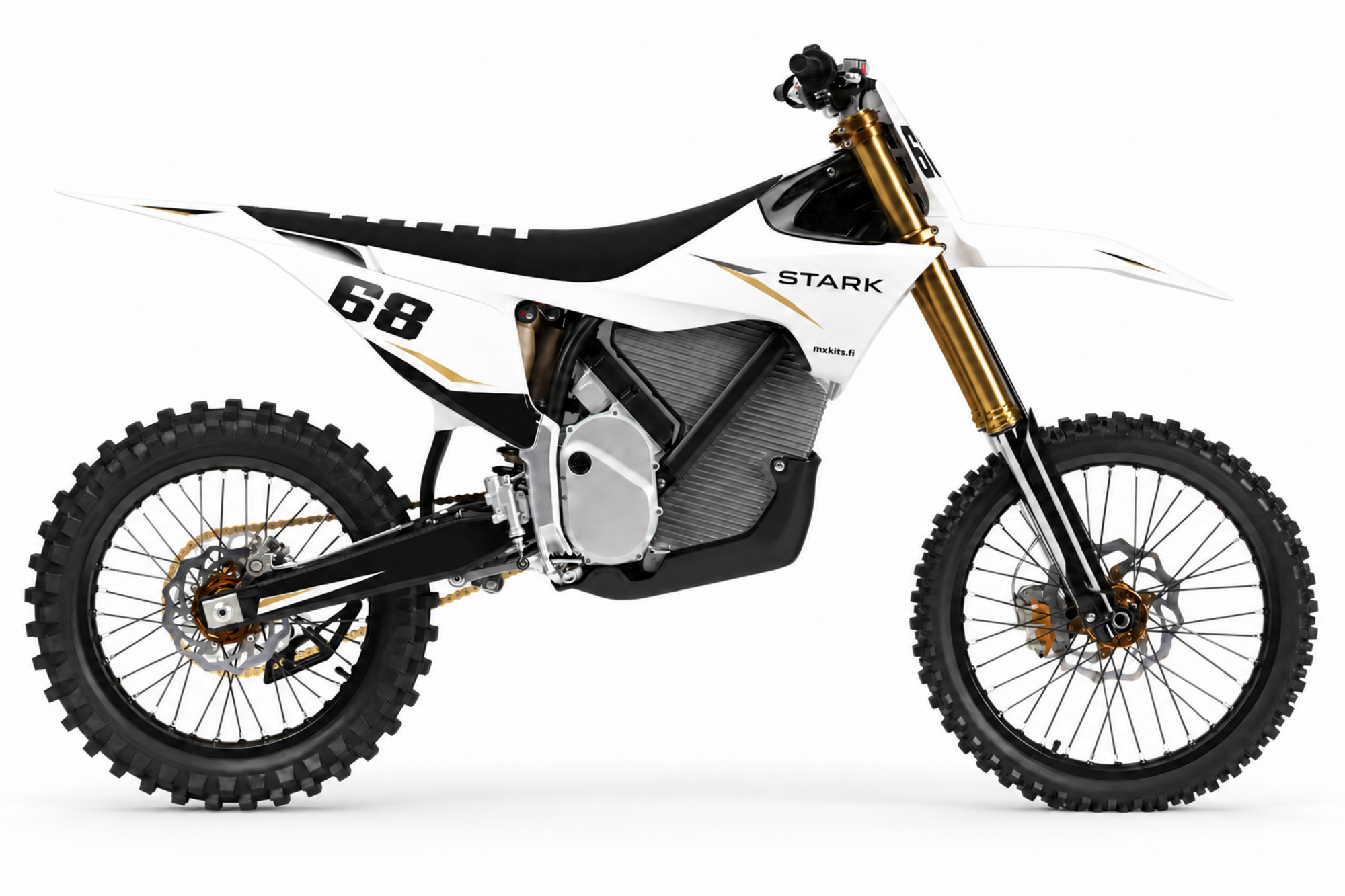 Valkoinen ja musta Stark-sähkömotocrosspyörä samppanjankultaisilla aksenteilla, numero 68, STARK ja mxkits.fi.