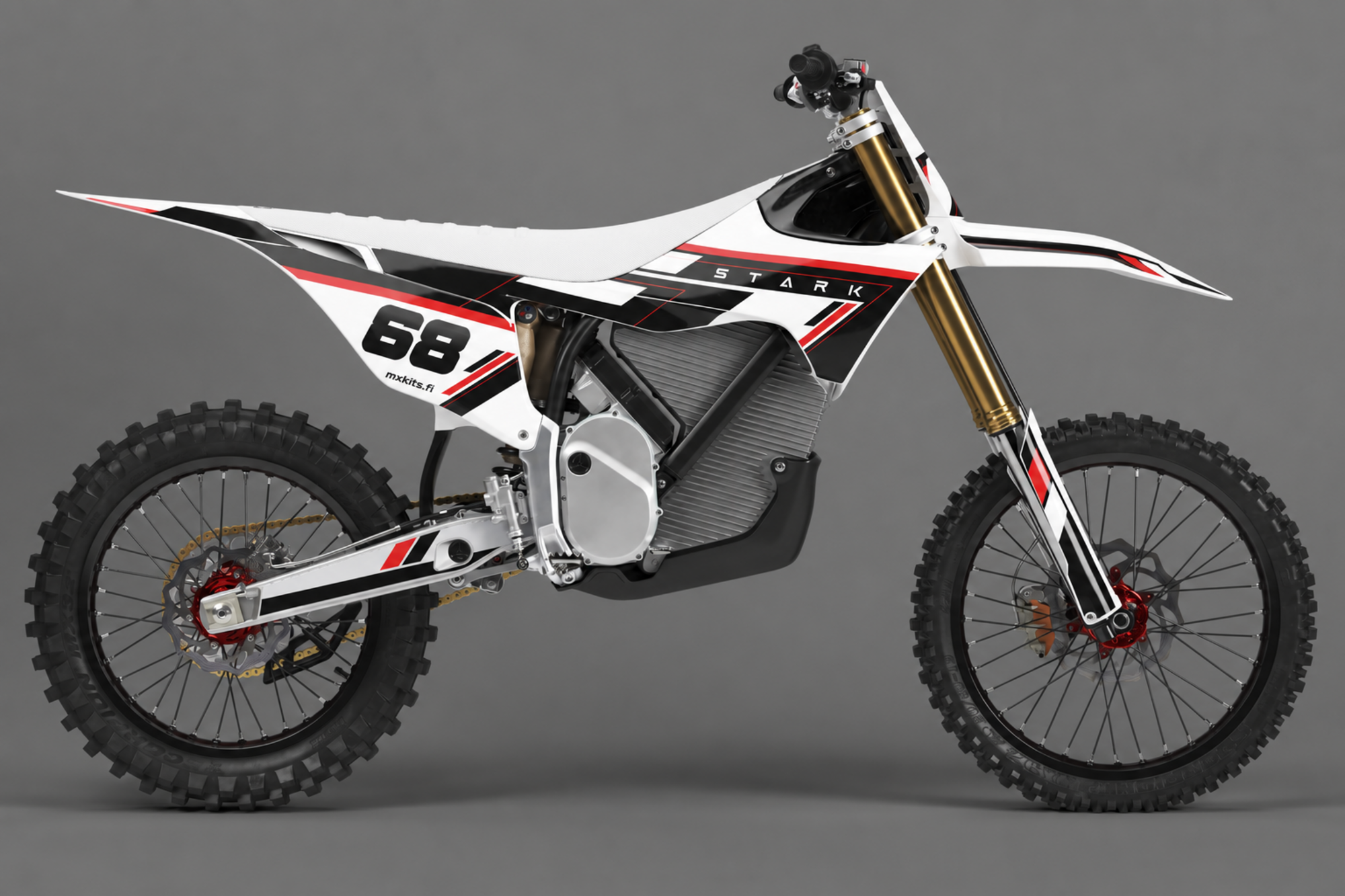 Valkoinen, musta ja punainen Stark-sähkömotocrosspyörä kerroksellisella Timed-kulmagrafiikalla, numero 68, STARK ja mxkits.fi.