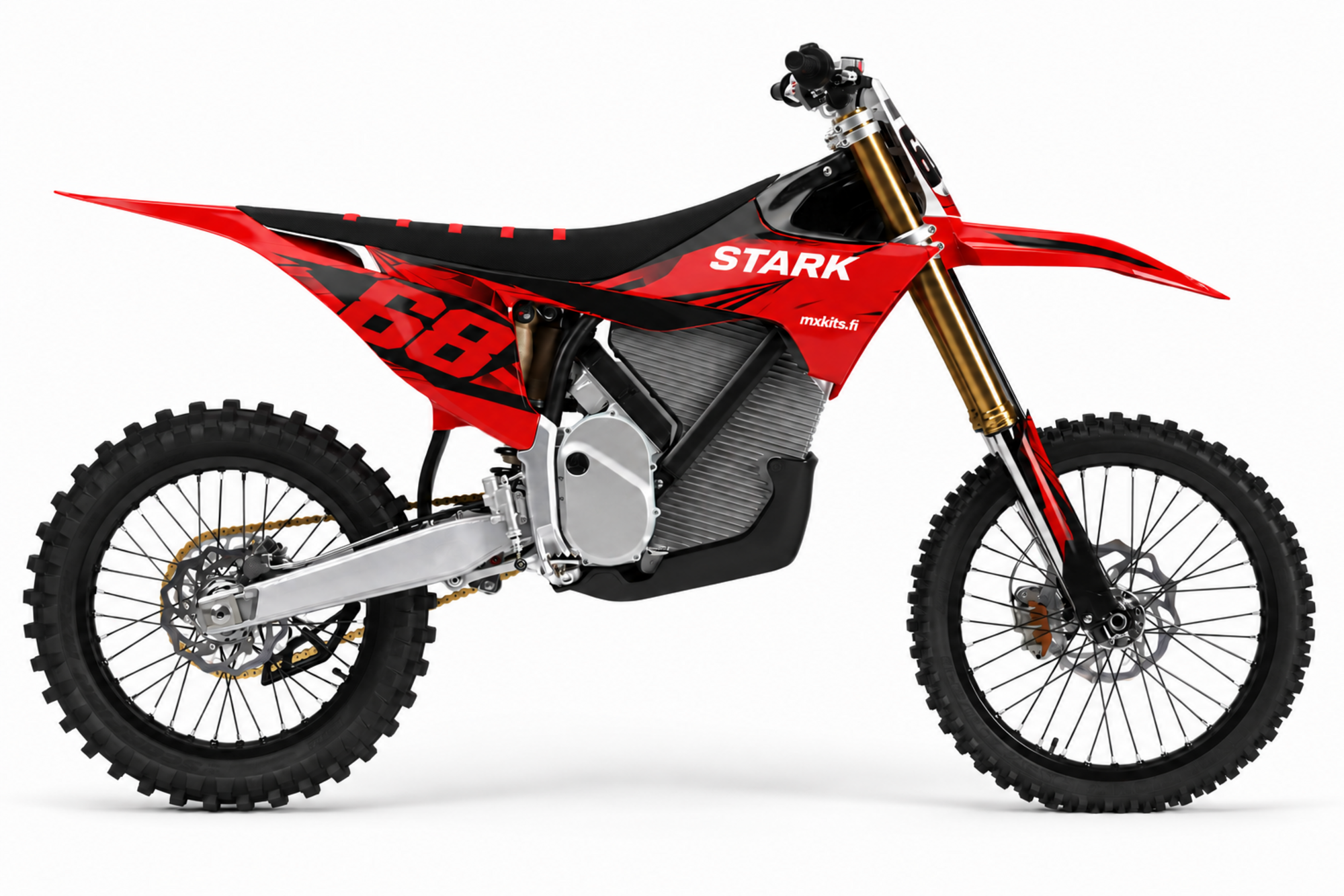 Punainen ja musta Stark-sähkömotocrosspyörä sirpaleisella kulmagrafiikalla, numero 68, STARK ja mxkits.fi.