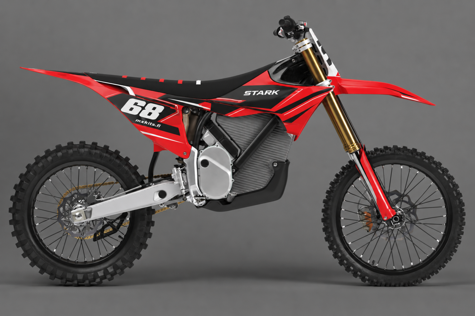 Punainen, musta ja valkoinen Stark-sähkömotocrosspyörä terävällä Volt-grafiikalla, numero 68, STARK ja mxkits.fi.