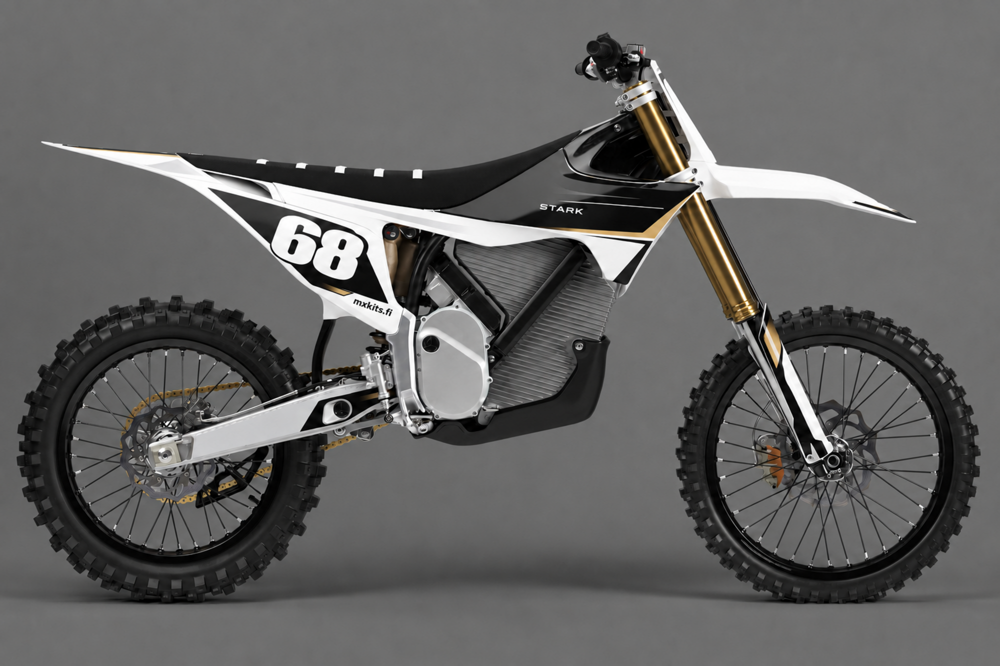 Musta, valkoinen ja samppanjankultainen Stark-sähkömotocrosspyörä pelkistetyllä Wolf-grafiikalla, numero 68, STARK ja mxkits.fi.