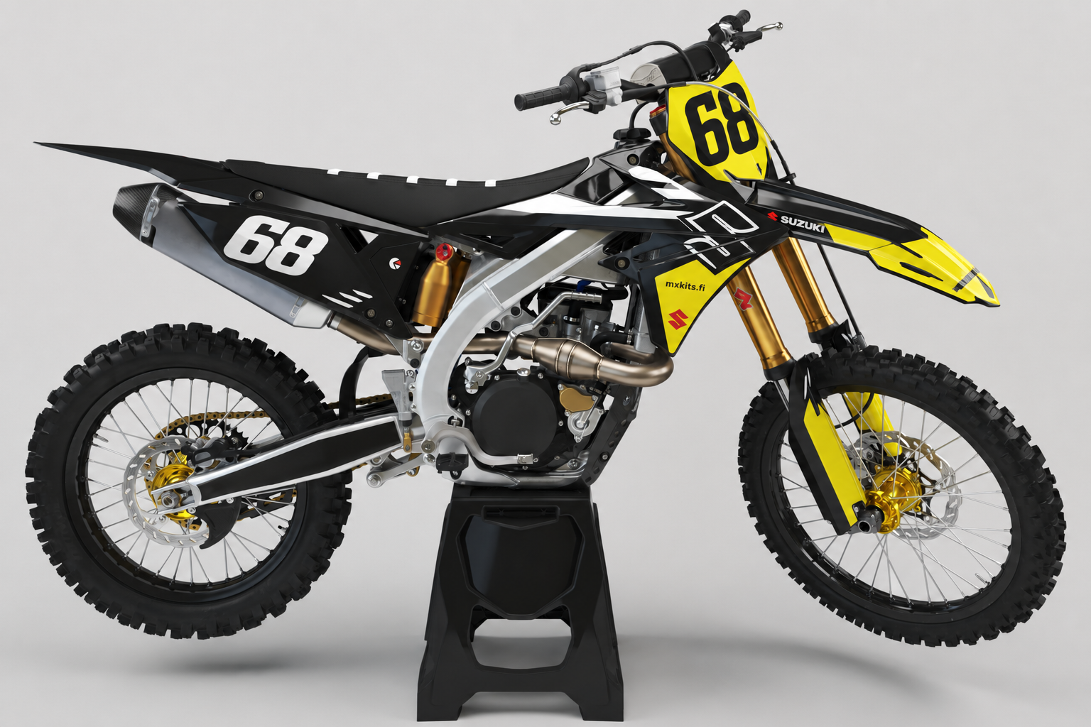 Suzuki Alkupulssi personoitava keltamusta motocross-tarrasarja, mallikuvassa numero 68