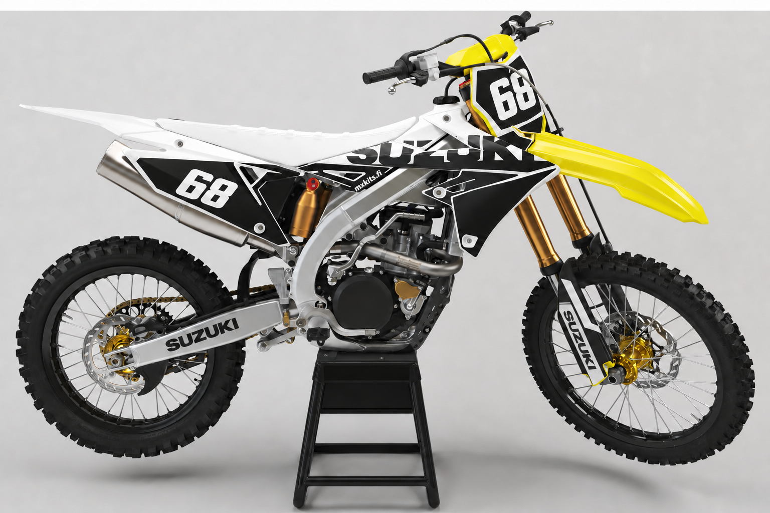 Suzuki Valokiila personoitava mustavalkoinen motocross-tarrasarja keltaisella etulokasuojalla ja numerolla 68