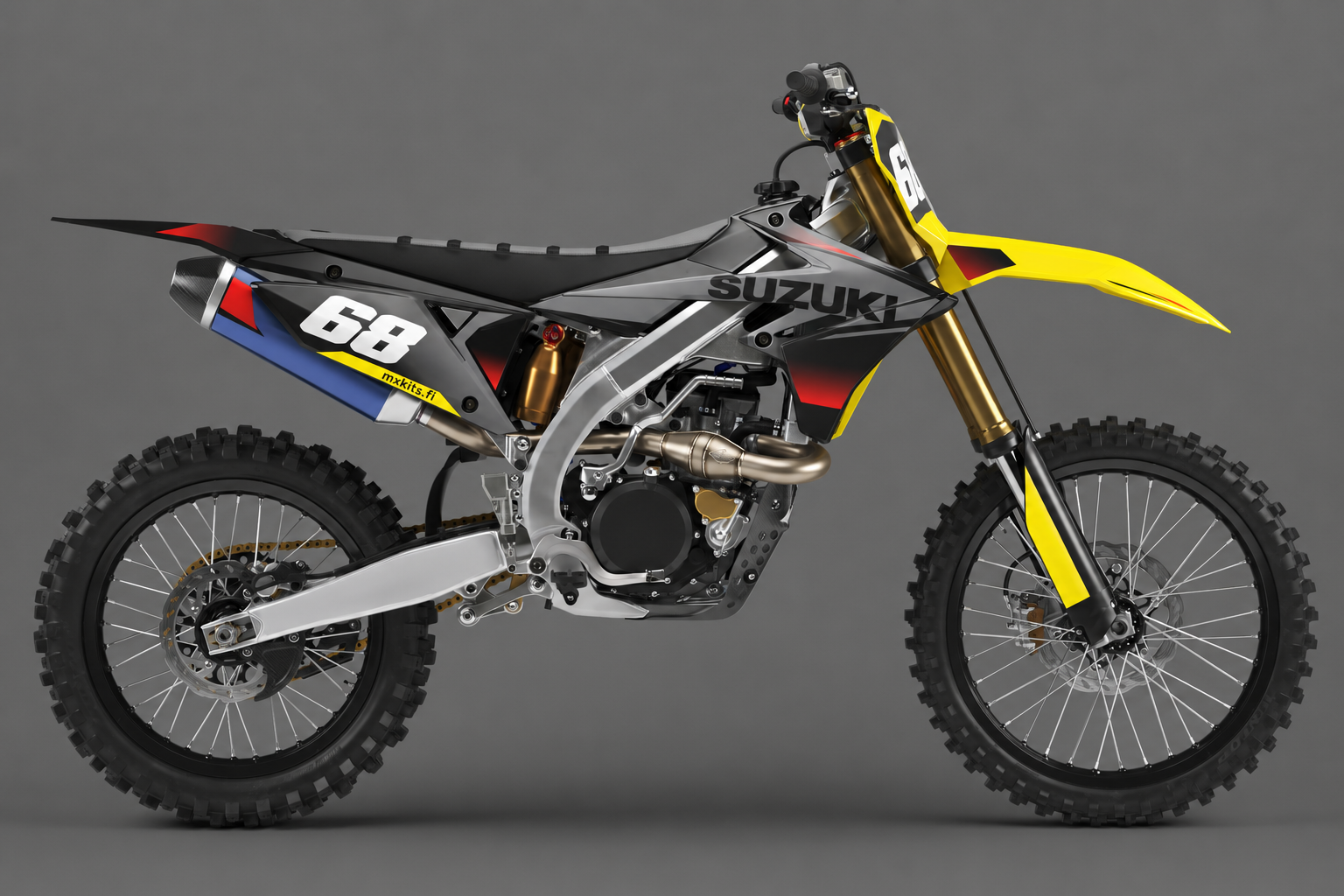 Suzuki Harmaastartti personoitava motocross-tarrasarja, harmaa, keltainen ja musta sponsoriton grafiikka sekä esimerkkiluku 68