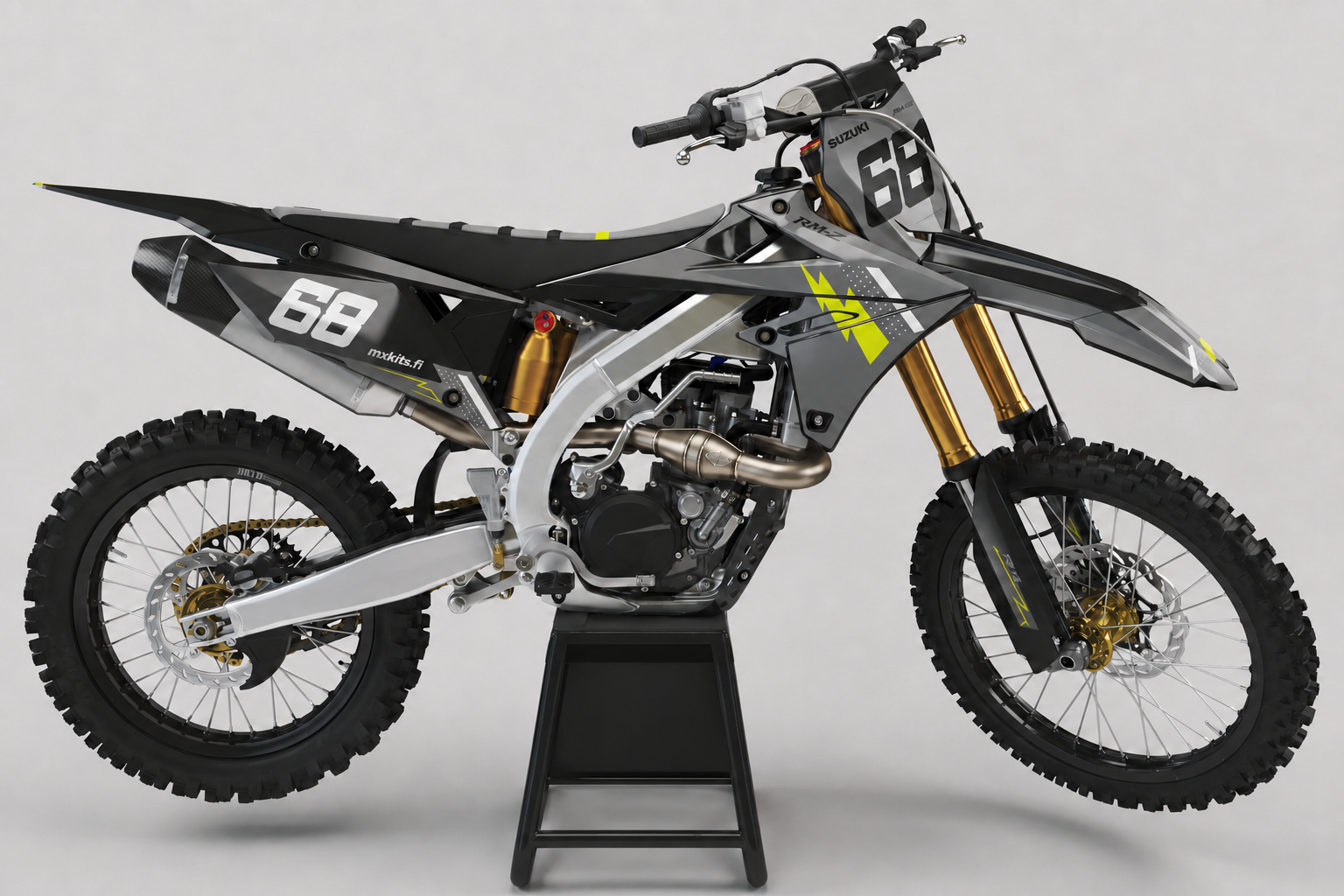 Suzuki RM-Z Harmaavirta harmaa personoitava sponsoriton motocross-tarrasarja numerolla 68, musta teline