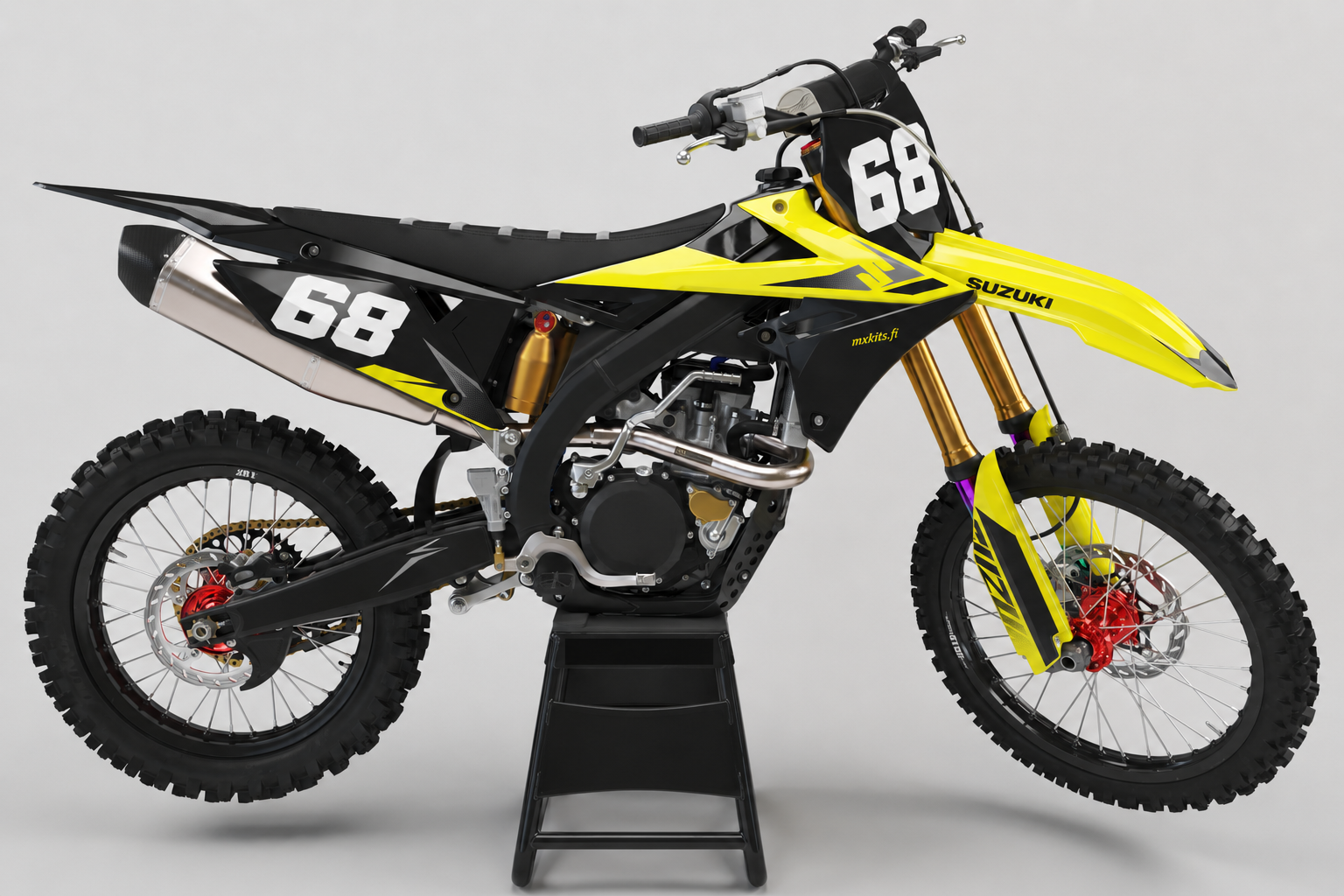 Suzuki RM-Z Keltavaara keltamusta personoitava motocross-tarrasarja numerolla 68 ja täysin mustalla huoltopukilla