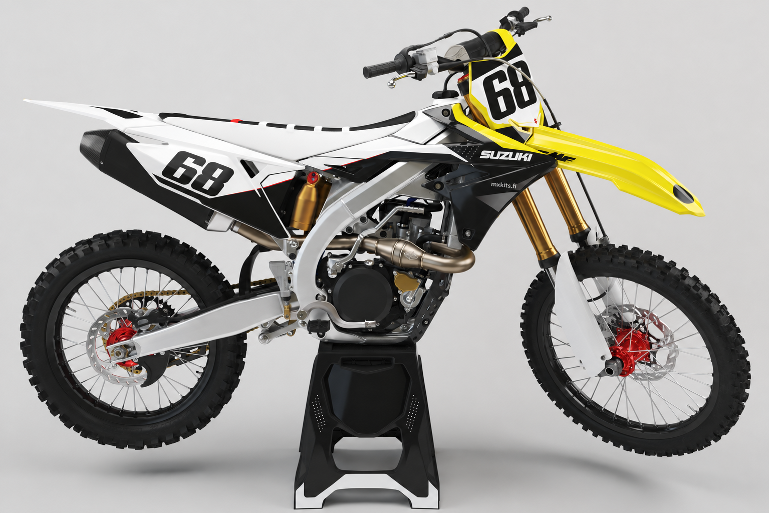 Suzuki Jääkiila personoitava motocross-tarrasarja valko-kelta-mustana, esimerkkikuvassa numero 68