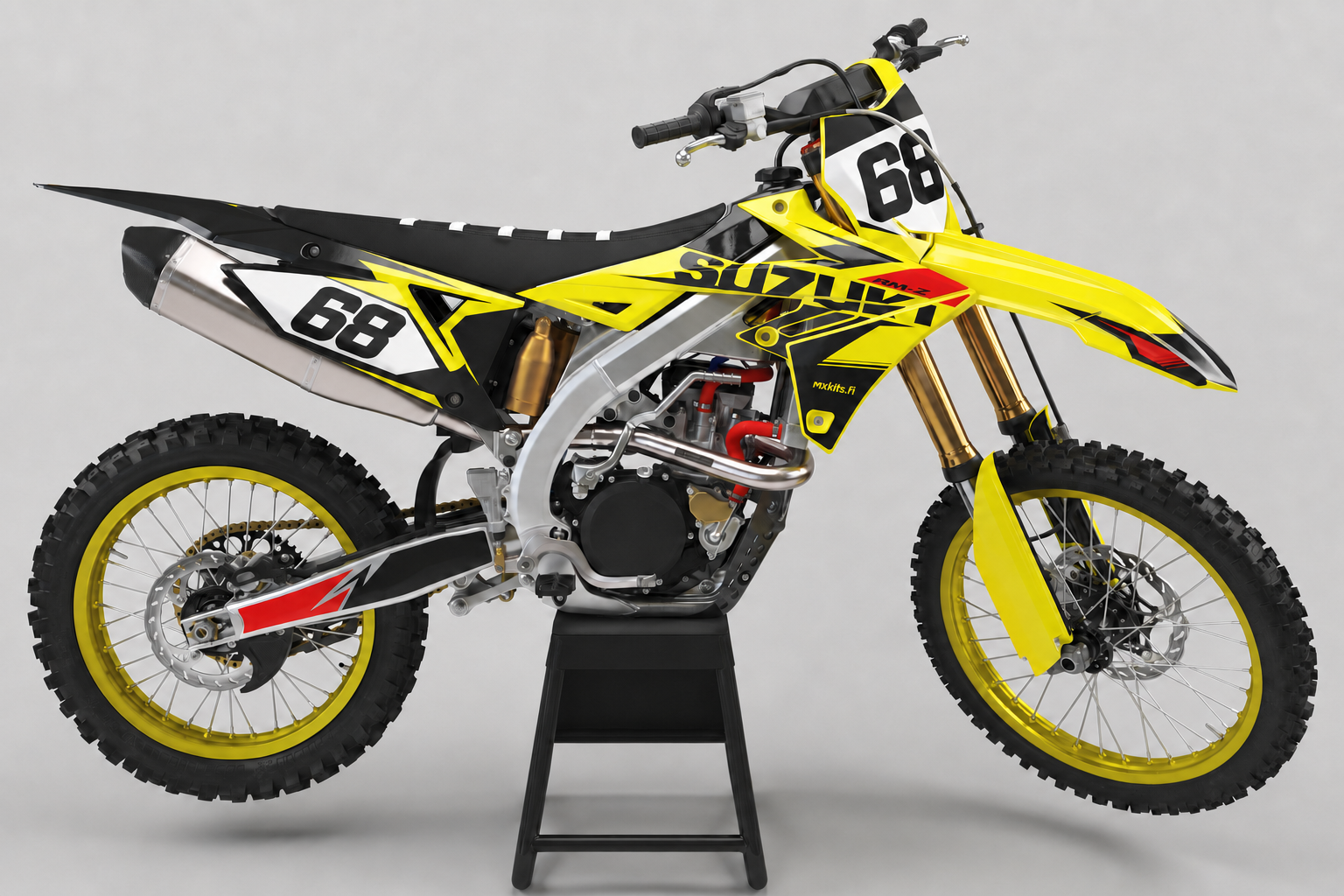 Suzuki Keltakiito personoitava RM-Z motocross-tarrasarja numerolla 68, sponsoriton keltamusta grafiikka