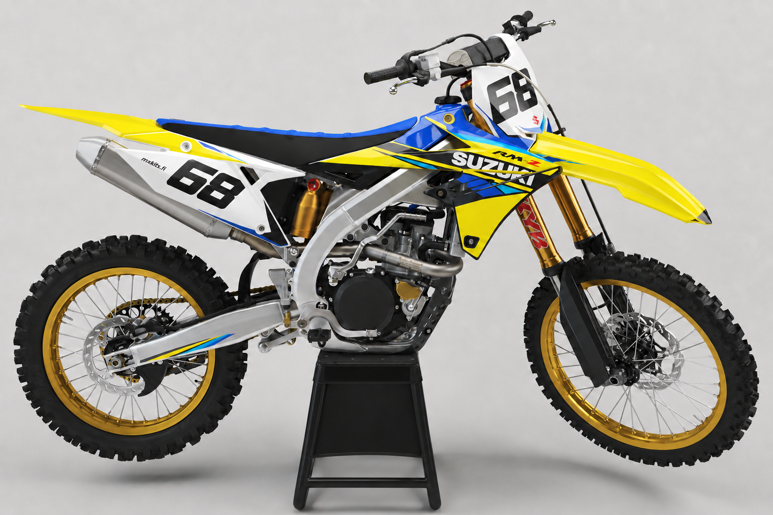 Suzuki RM-Z Keltasinisärmä keltainen personoitava sponsoriton tarrasarja numerolla 68, musta teline
