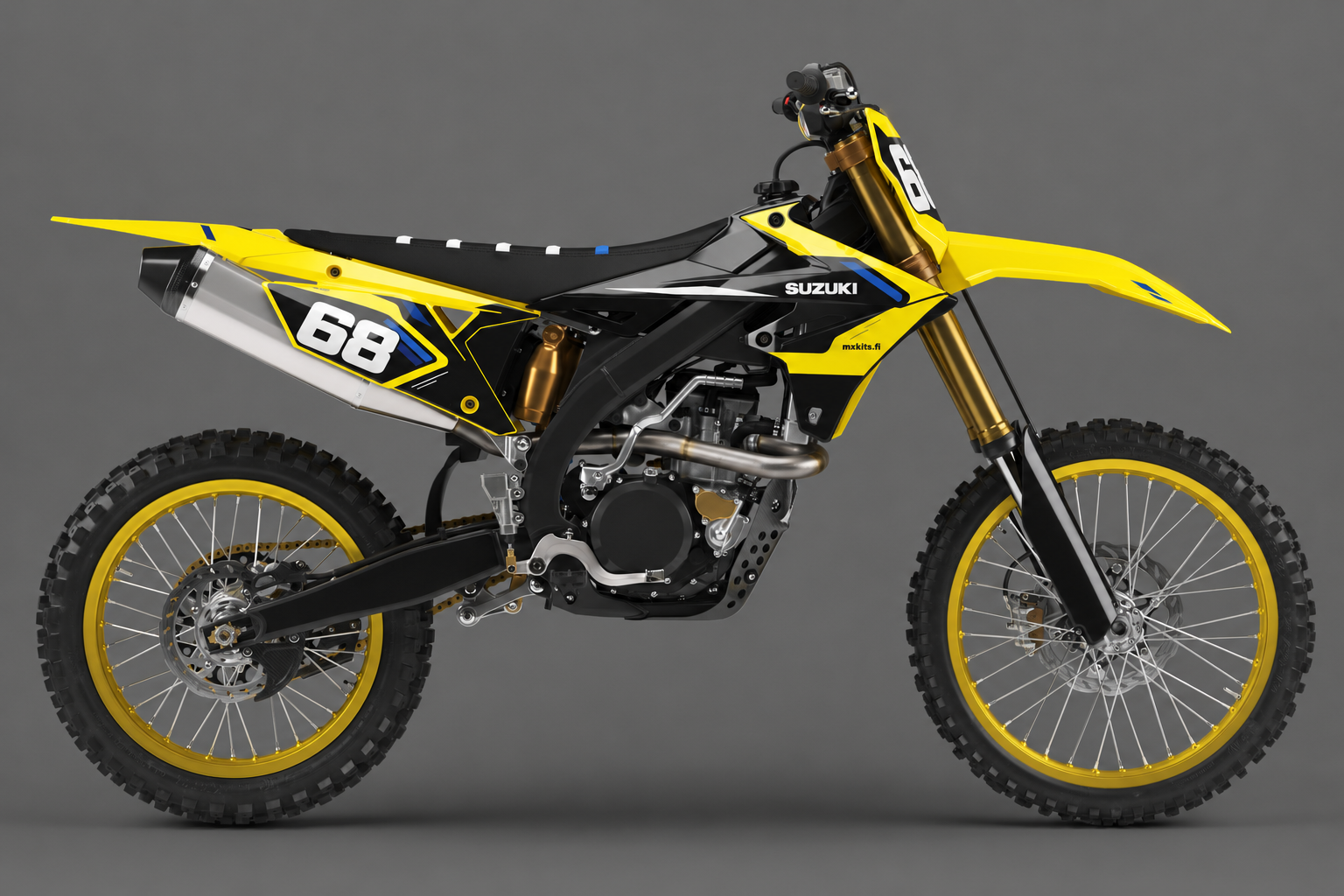 Suzuki Keltaväylä personoitava motocross-tarrasarja, keltainen, musta ja valkoinen sponsoriton grafiikka sekä esimerkkiluku 68