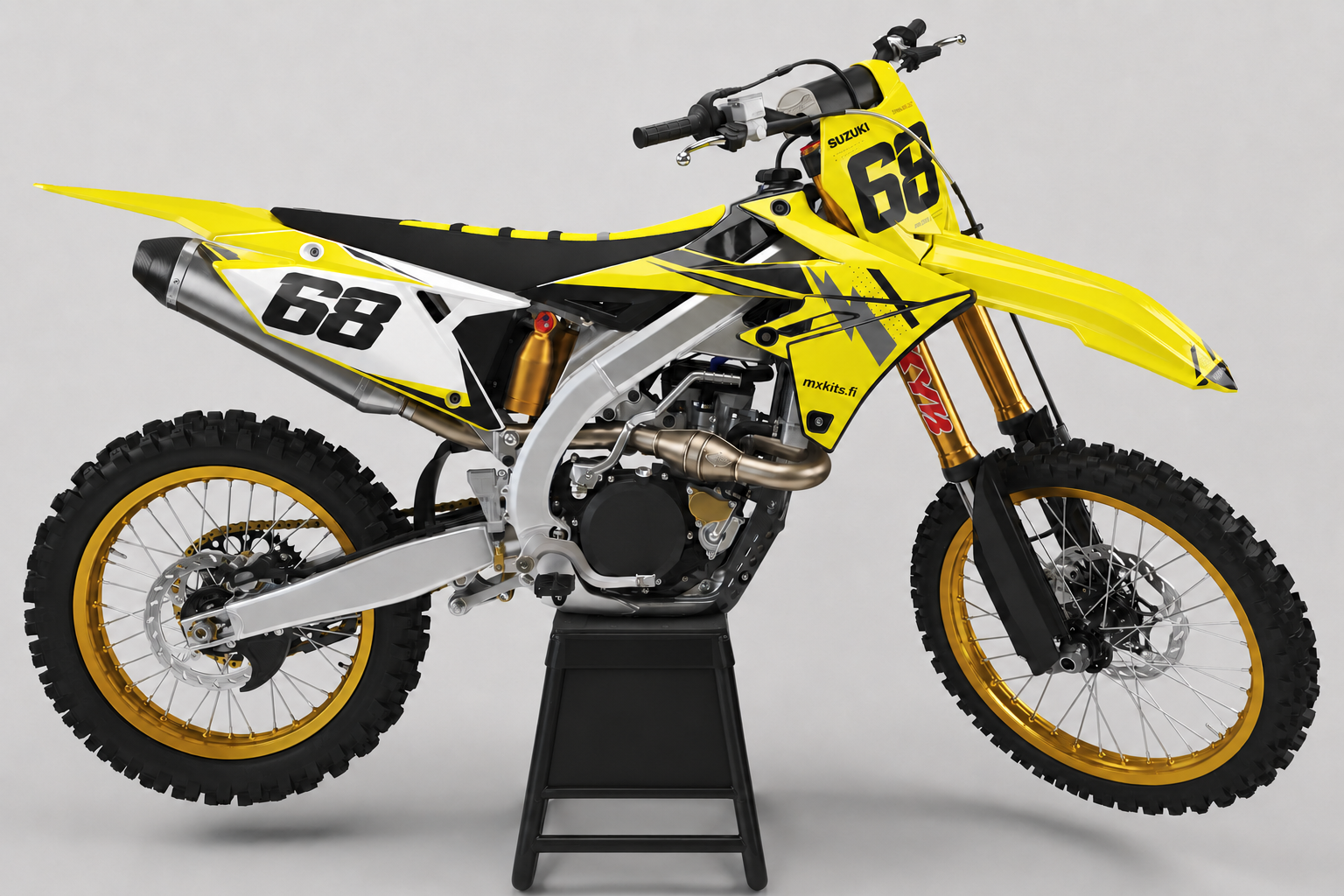 Suzuki RM-Z Keltavire personoitava keltainen sponsoriton motocross-tarrasarja numerolla 68, musta teline