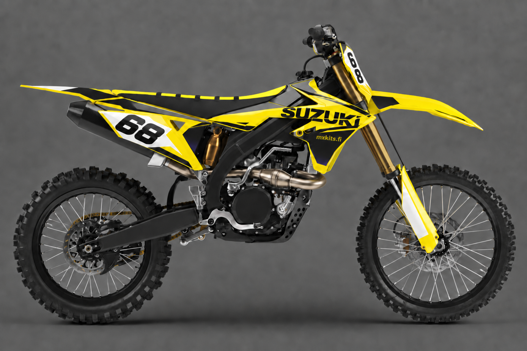 Keltainen, musta ja valkoinen Suzuki-motocrosspyörä terävällä Kickstart-grafiikalla, numero 68, SUZUKI ja mxkits.fi.