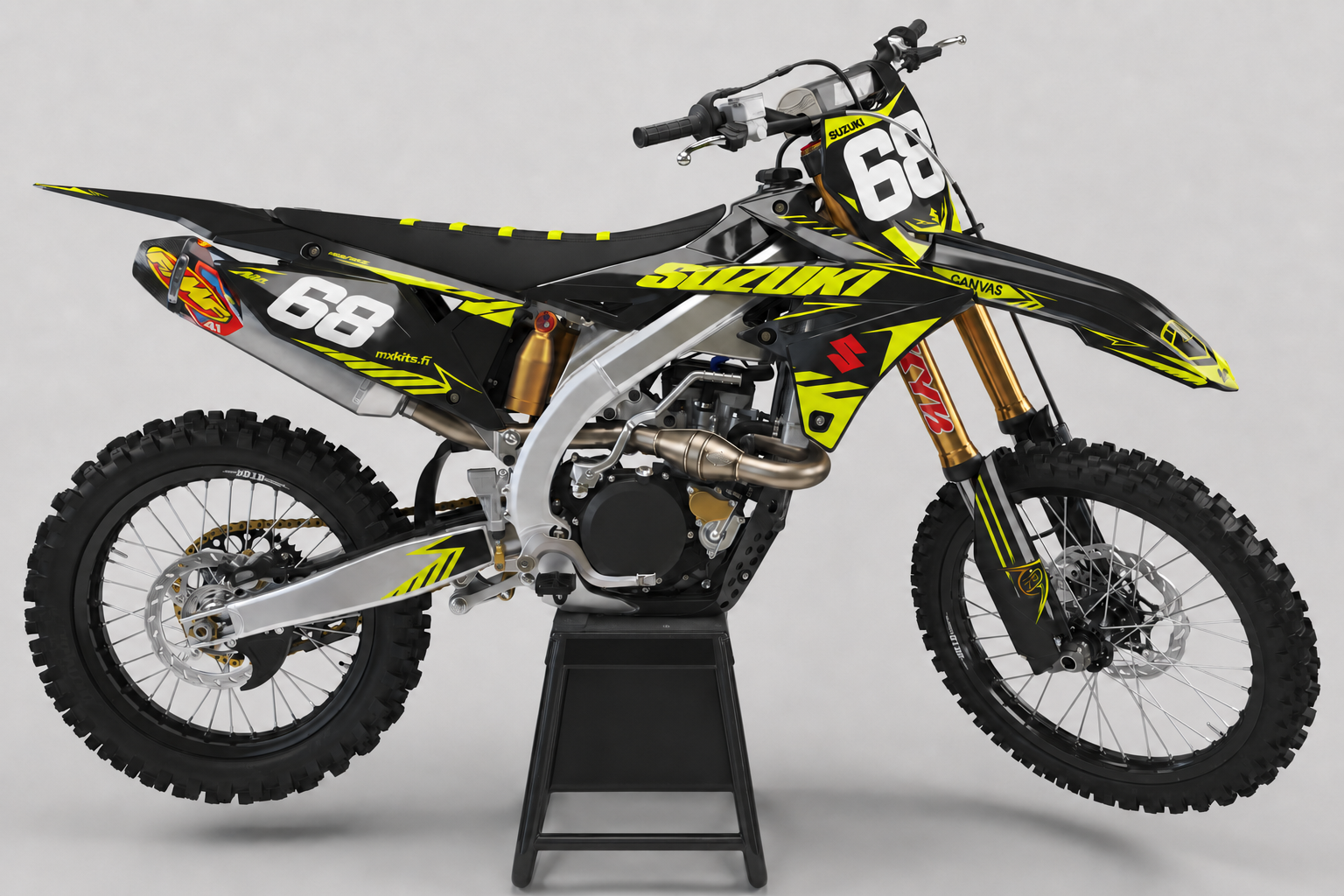 Suzuki RM-Z Loisteisku neonhenkinen personoitava sponsoriton motocross-tarrasarja numerolla 68, musta teline