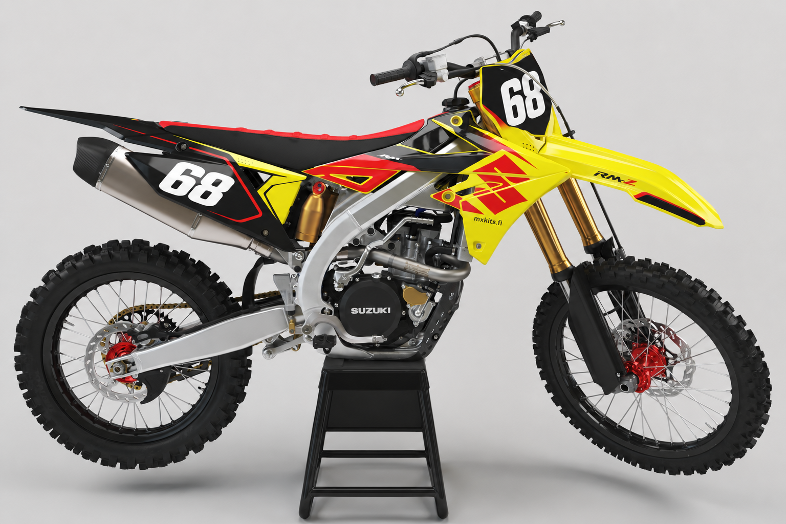 Suzuki RM-Z Punakiito personoitava sponsoriton motocross-tarrasarja numerolla 68