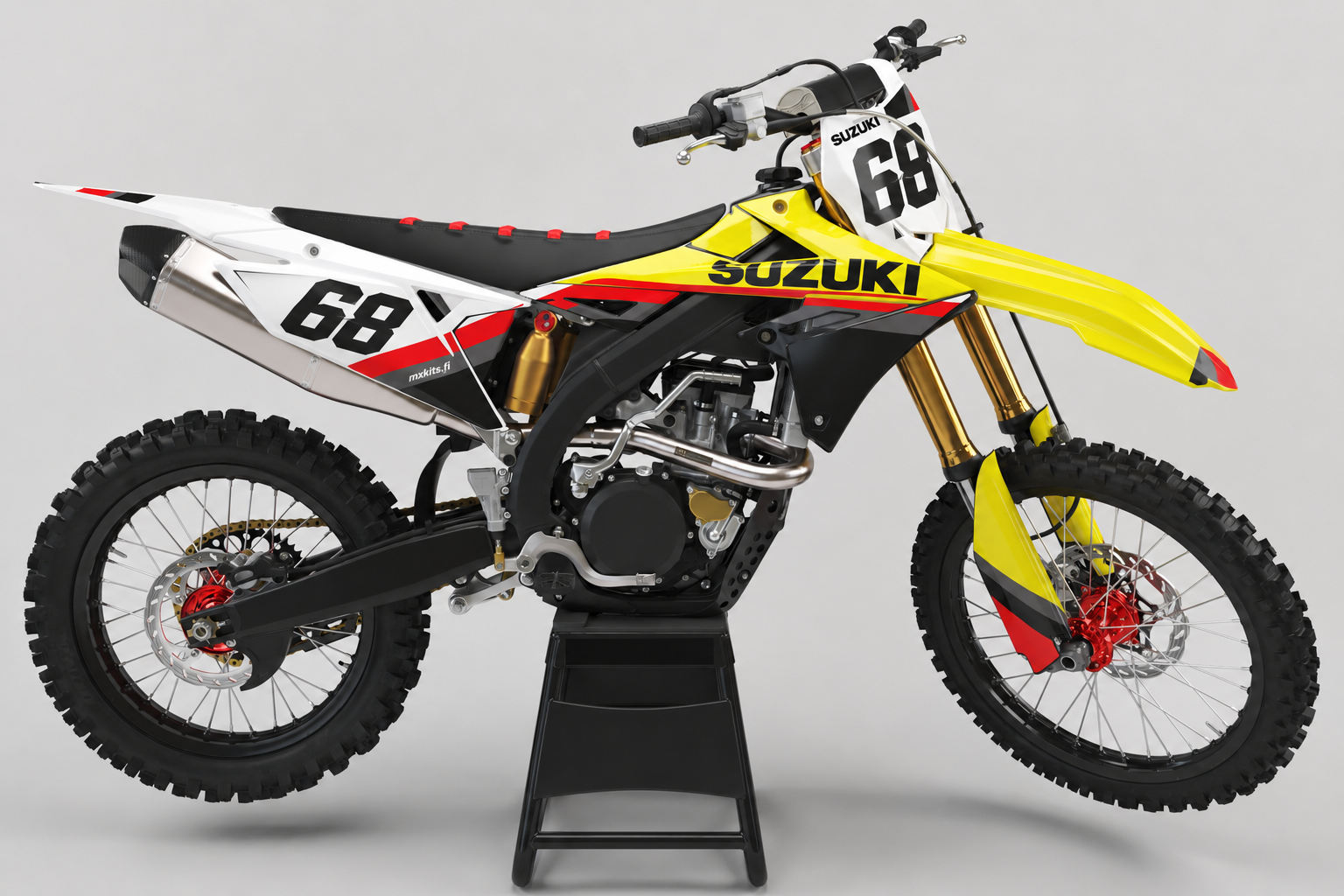 Suzuki RM-Z Punamestari motocross-tarrasarja numerolla 68, punakeltainen grafiikka ja täysin musta huoltopukki