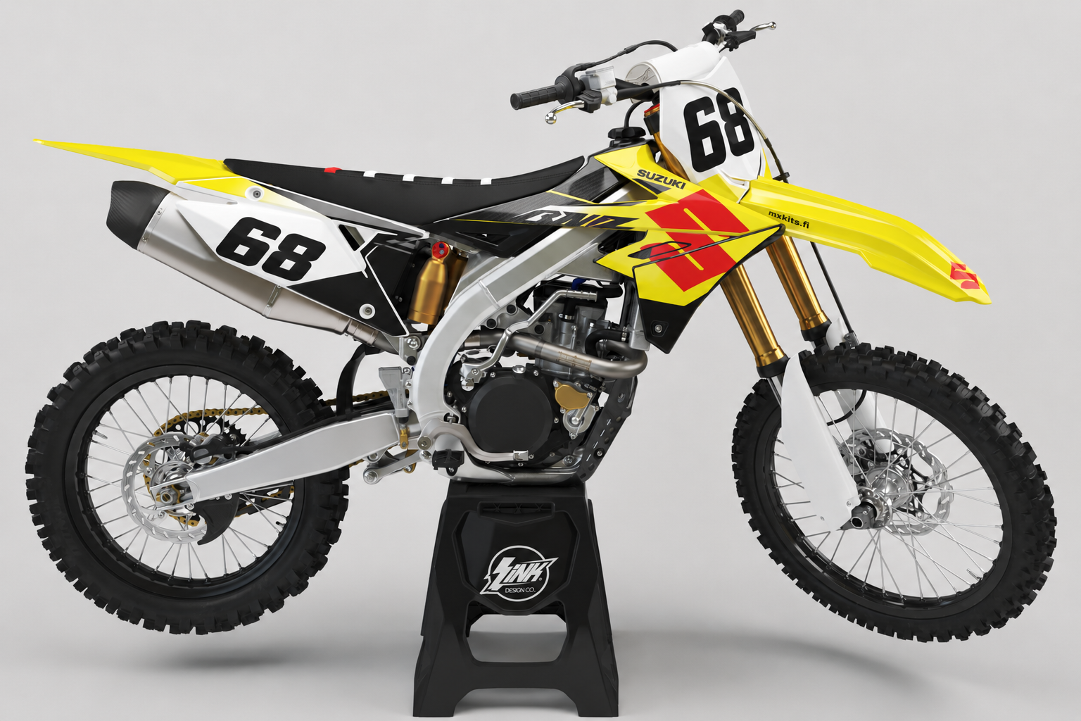 Suzuki Punanuoli personoitava kelta-punainen motocross-tarrasarja, mallikuvassa numero 68