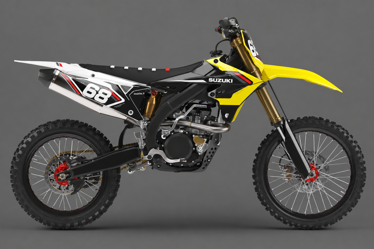 Suzuki Puolijakso personoitava motocross-tarrasarja, keltainen musta valkoinen ja punainen, numero 68 ja mxkits.fi